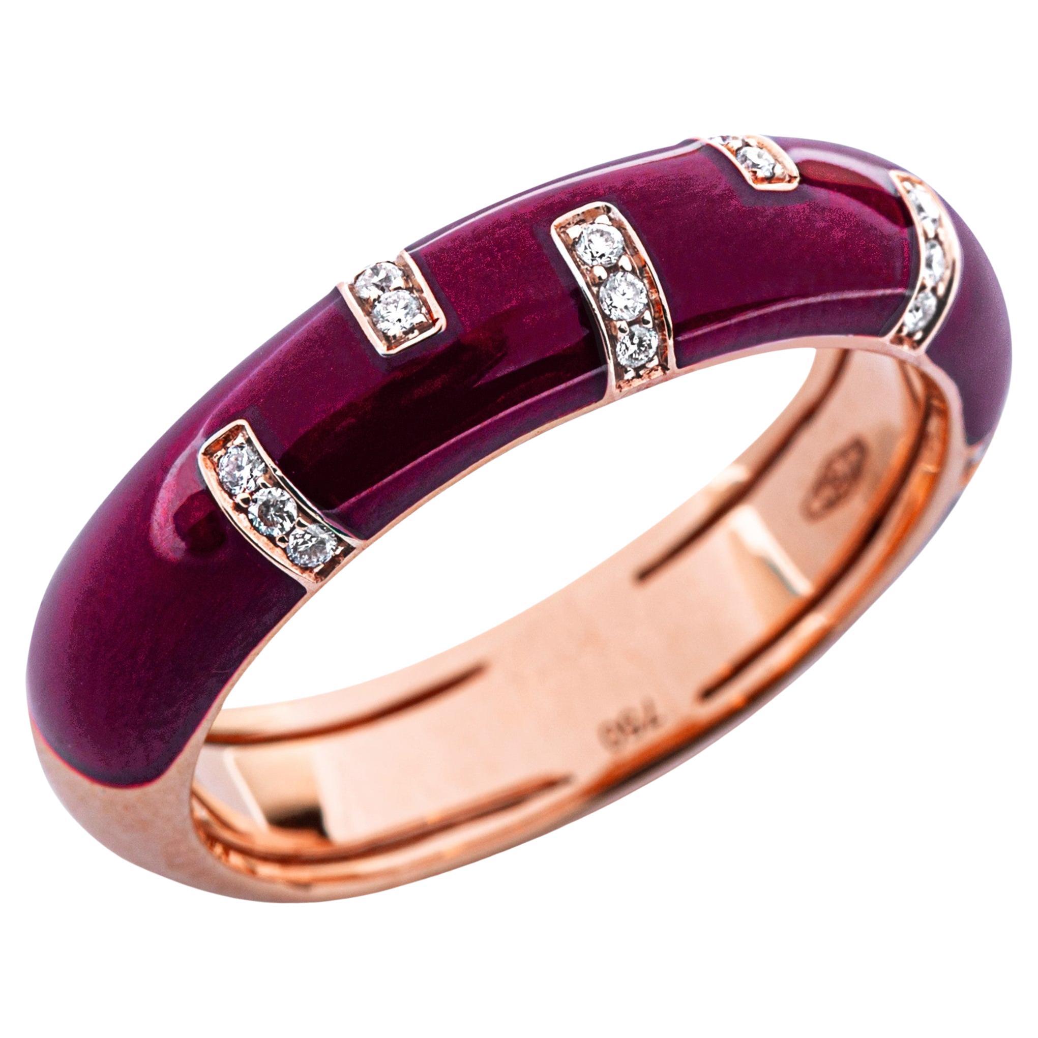Alex Jona White Diamond Red Enamel 18 Karat Rose Gold Band Ring For Sale