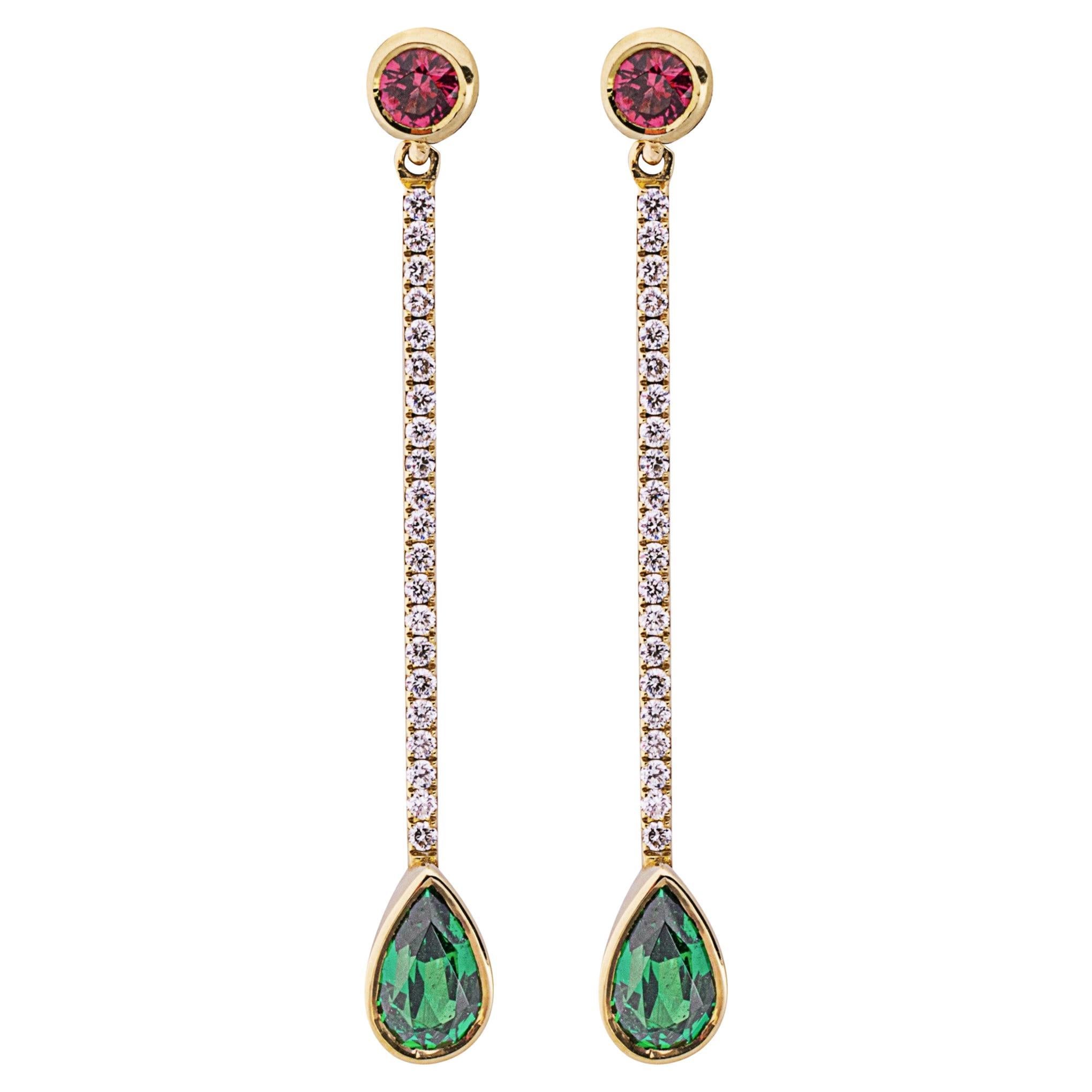 Alex Jona White Diamond Red Spinel Tsavorite 18 Karat Yellow Gold Earrings