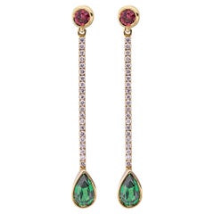 Alex Jona, boucles d'oreilles en or jaune 18 carats avec diamants blancs, spinelles rouges et tsavorites