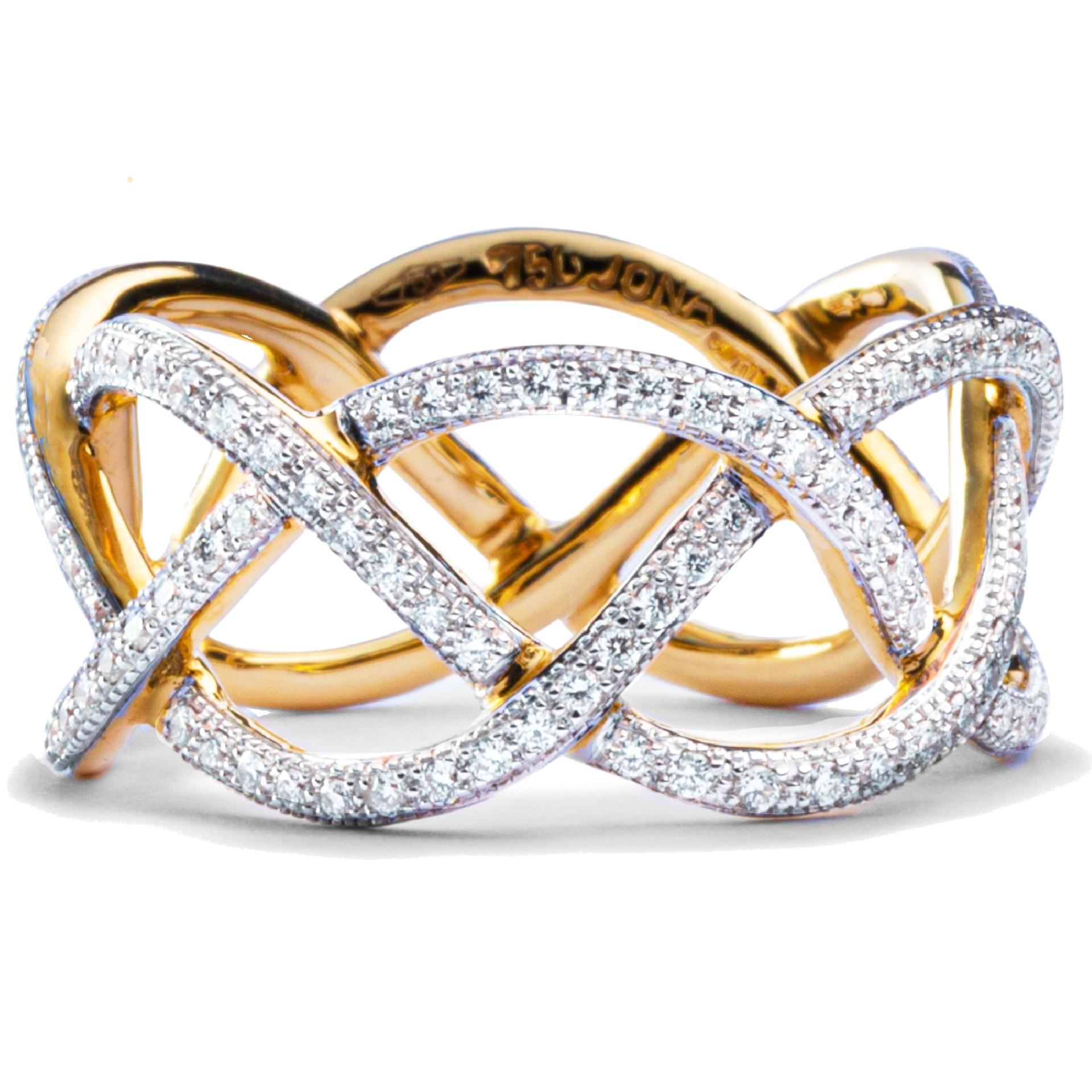 Round Cut Alex Jona White Diamond Treillage 18 Karat Yellow Gold Eternity Band Ring For Sale