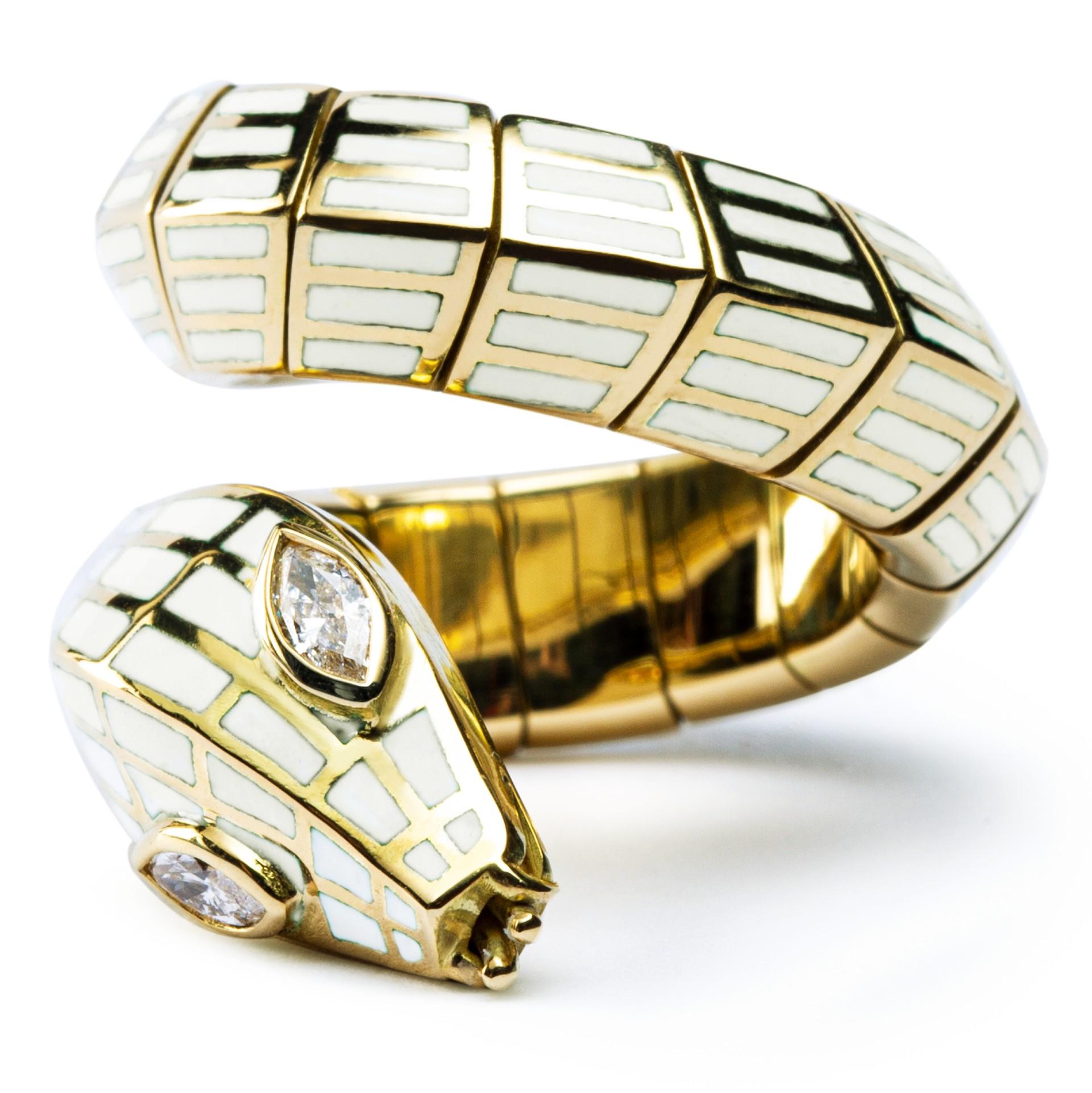 Marquise Cut Alex Jona White Diamond White Enamel 18 Karat Yellow Gold Coil Snake Ring For Sale