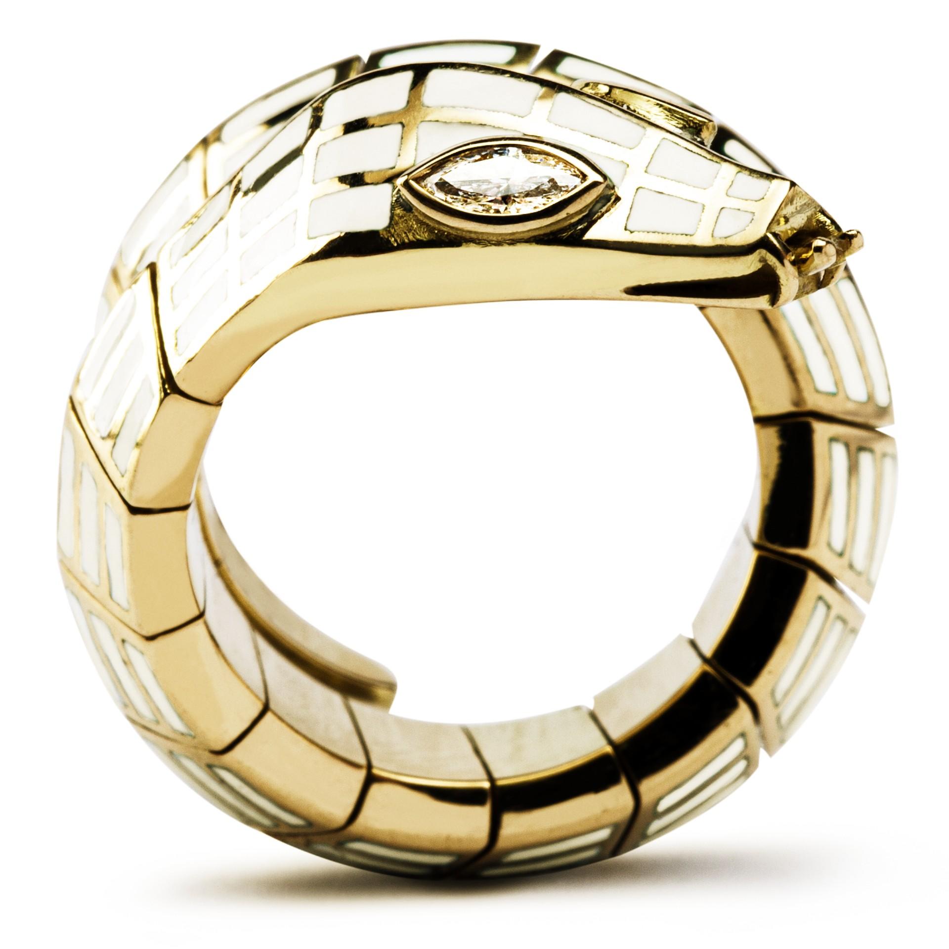 Women's Alex Jona White Diamond White Enamel 18 Karat Yellow Gold Coil Snake Ring For Sale