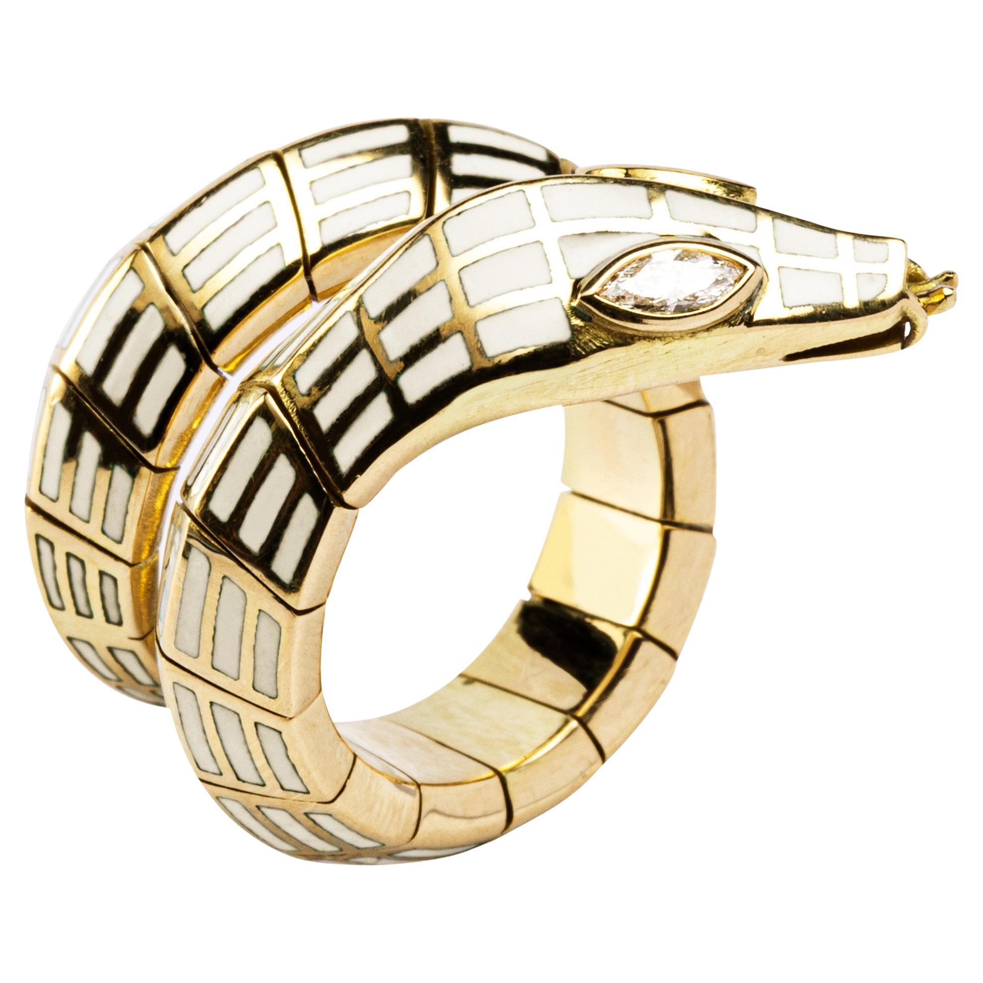 Alex Jona White Diamond White Enamel 18 Karat Yellow Gold Coil Snake Ring For Sale