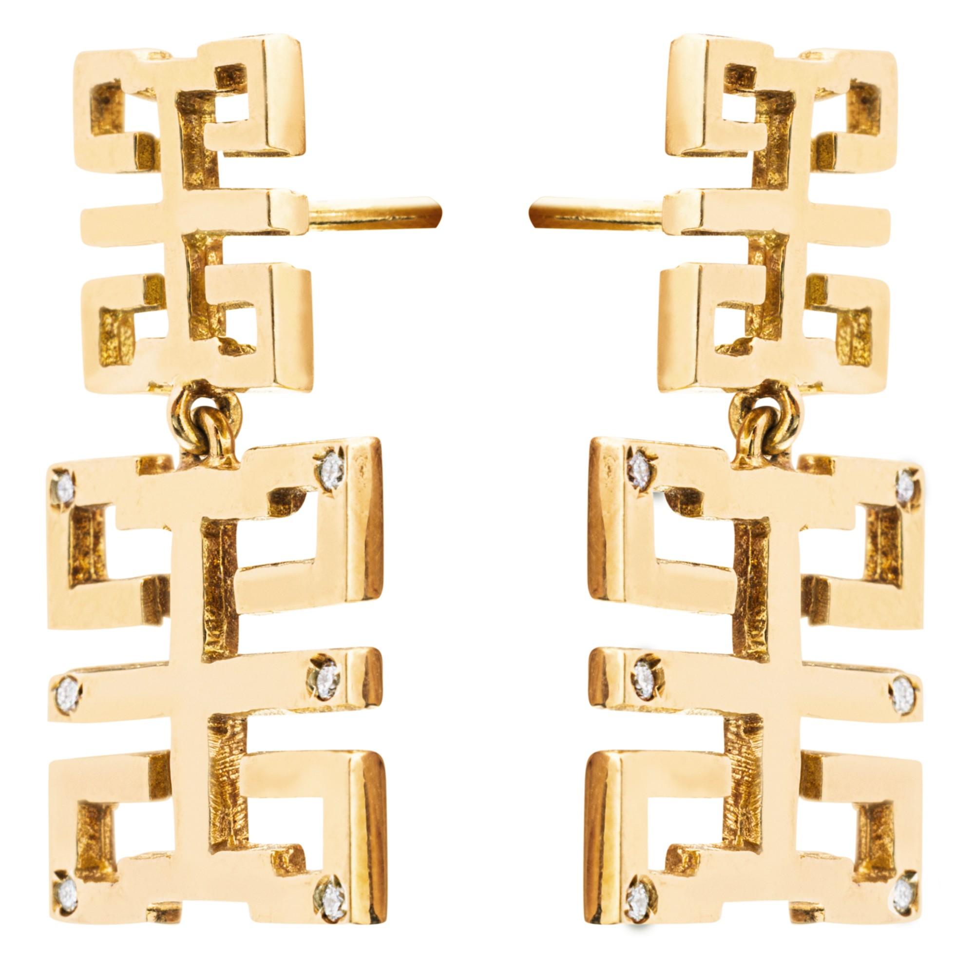 Contemporary Alex Jona White Diamond Yellow Gold Happy Long Life Earrings For Sale