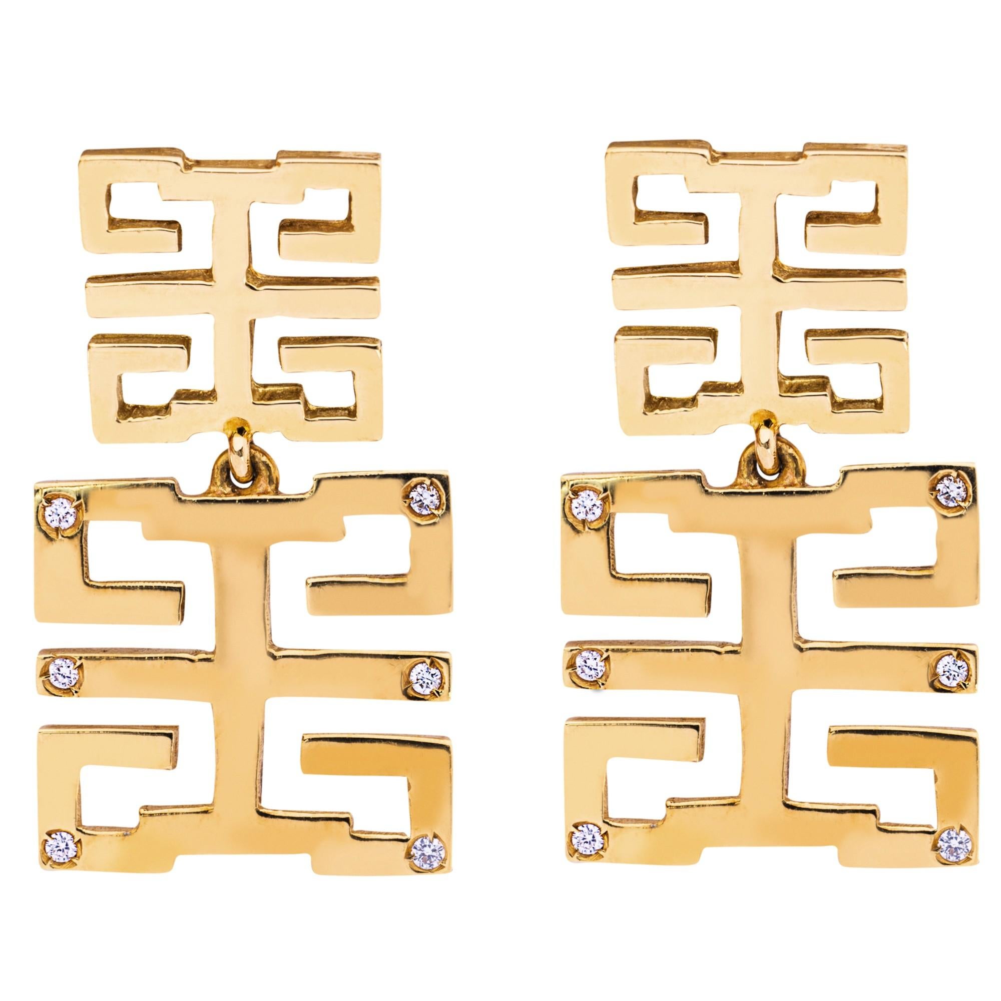 Alex Jona White Diamond Yellow Gold Happy Long Life Earrings In New Condition For Sale In Lugano, CH