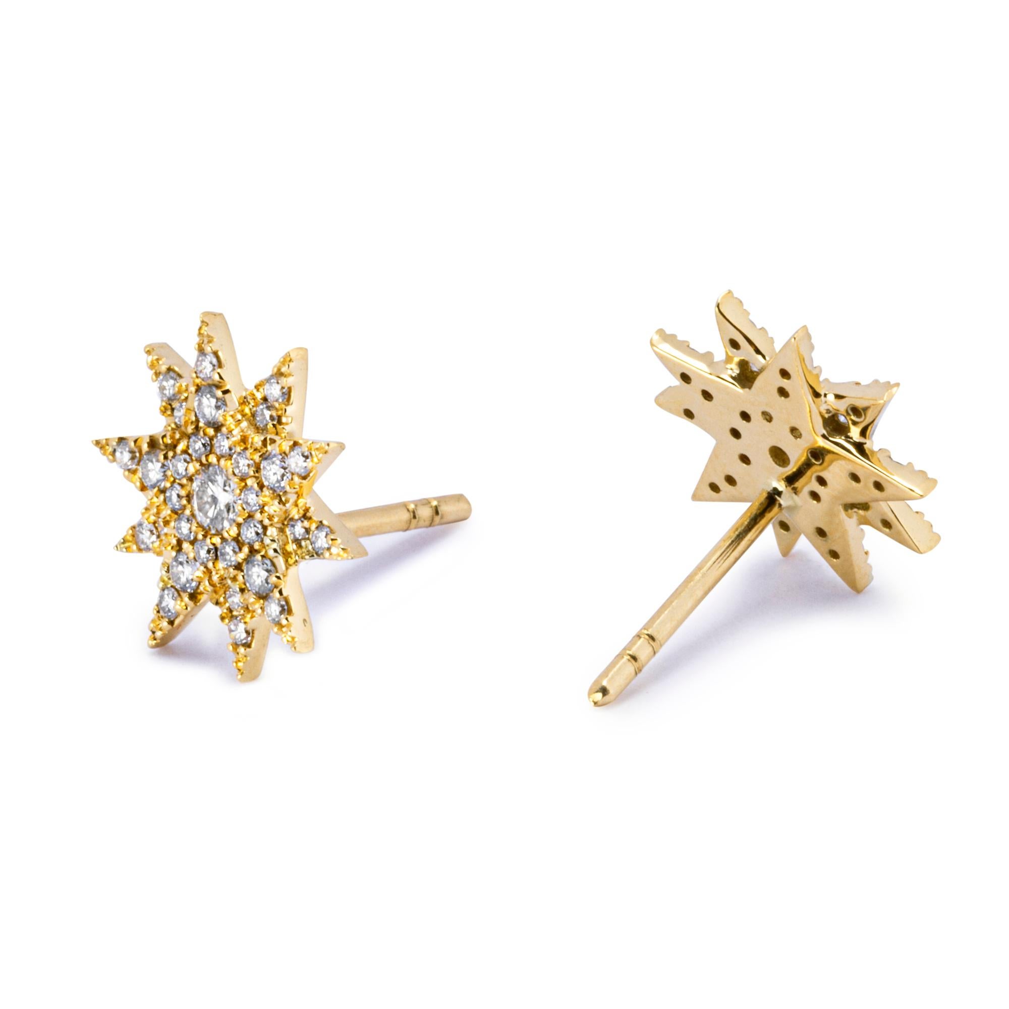 Alex Jona design collection, hand crafted in Italy, 18 karat yellow gold star ear studs, featuring 62 white diamonds weighting 0.44 carats, F Color, VVS1 Clarity.
Dimensions: W 0.46 in/11.79mm, D 0.07in/1.89mm.

Alex Jona jewels stand out, not only