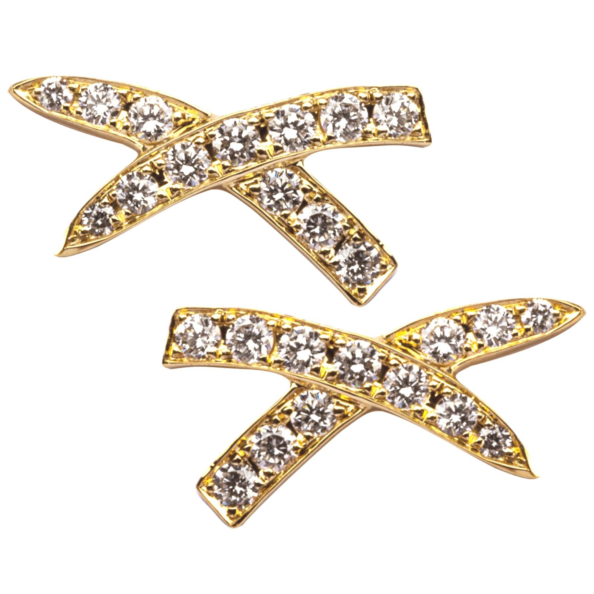 Alex Jona White Diamond Yellow Gold "X" Design Stud Earrings