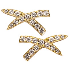 Alex Jona White Diamond Yellow Gold "X" Design Stud Earrings