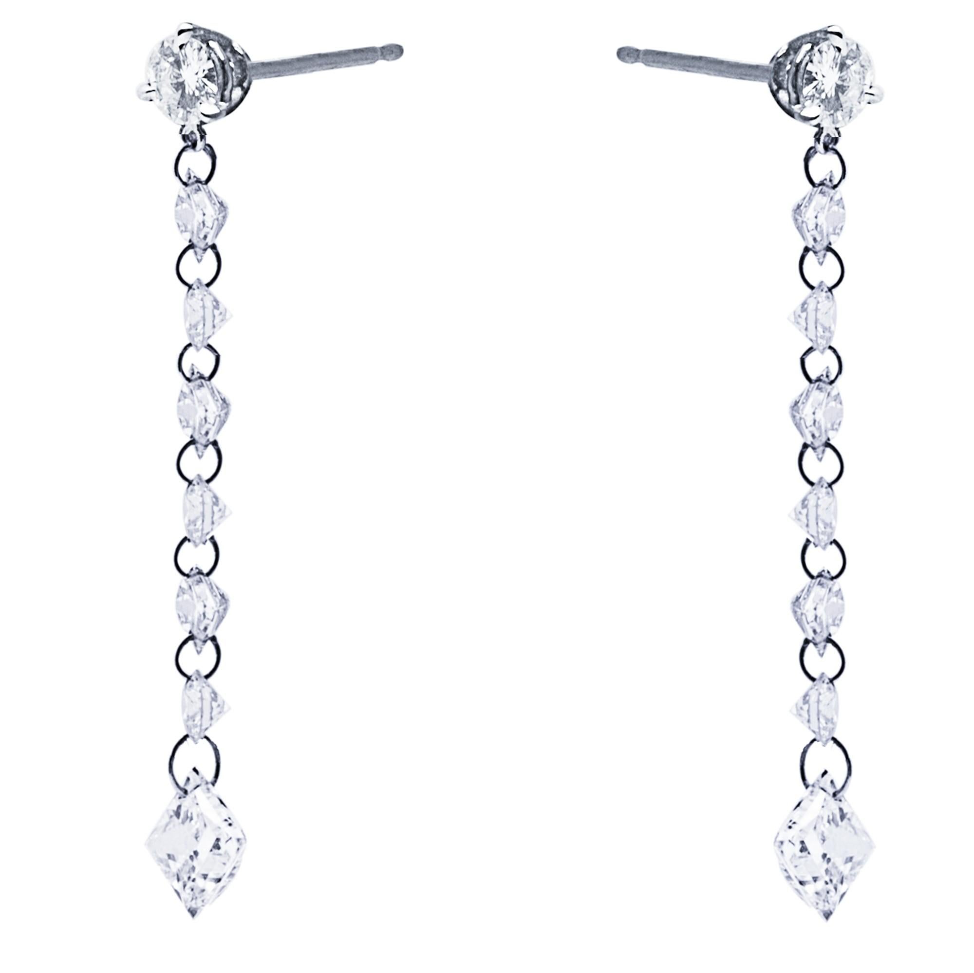 Weiße schwebende Diamant-Platin-Tropfen-Ohrringe von Jona (Briolette) im Angebot