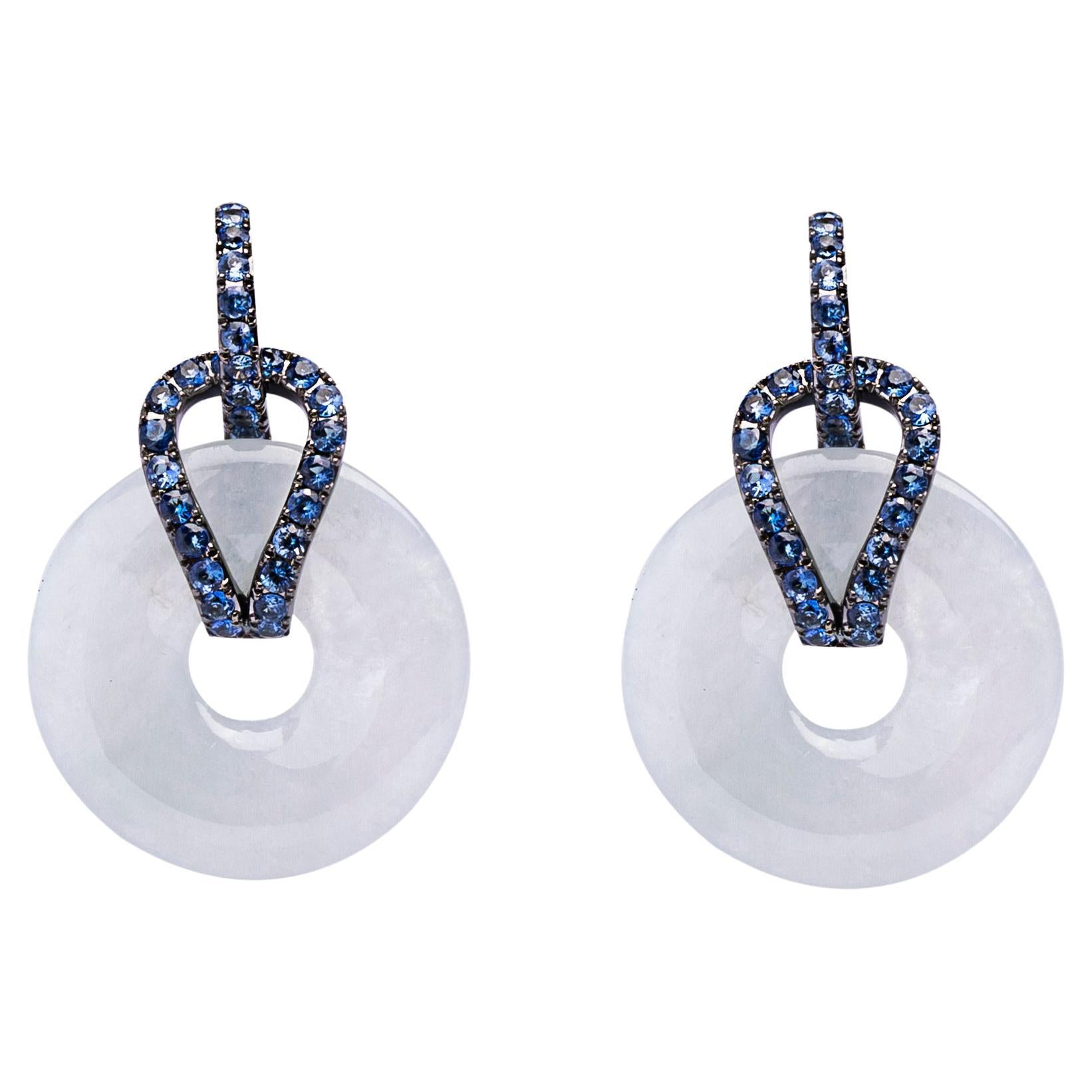 Alex Jona White Jade & Blue Sapphire White Gold Dangle Earrings For Sale