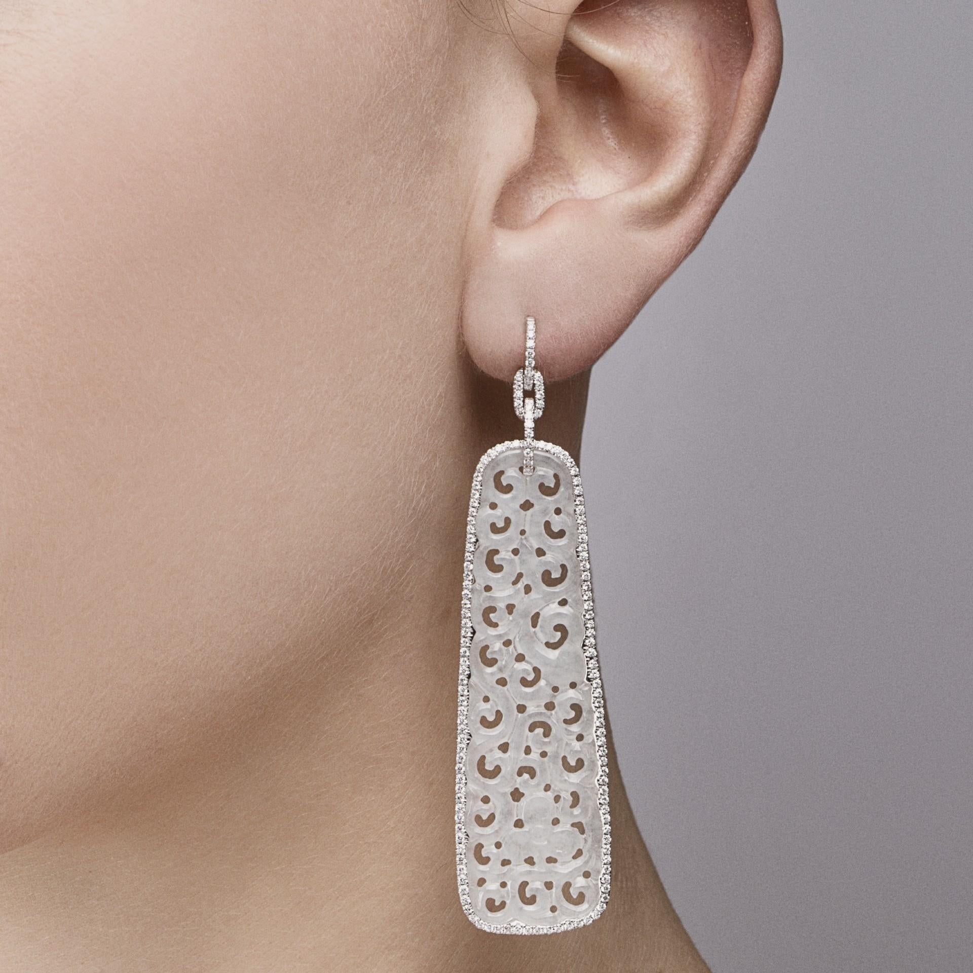 Round Cut Alex Jona White Jadeite Jade White Diamond 18 Karat White Gold Dangle Earrings For Sale