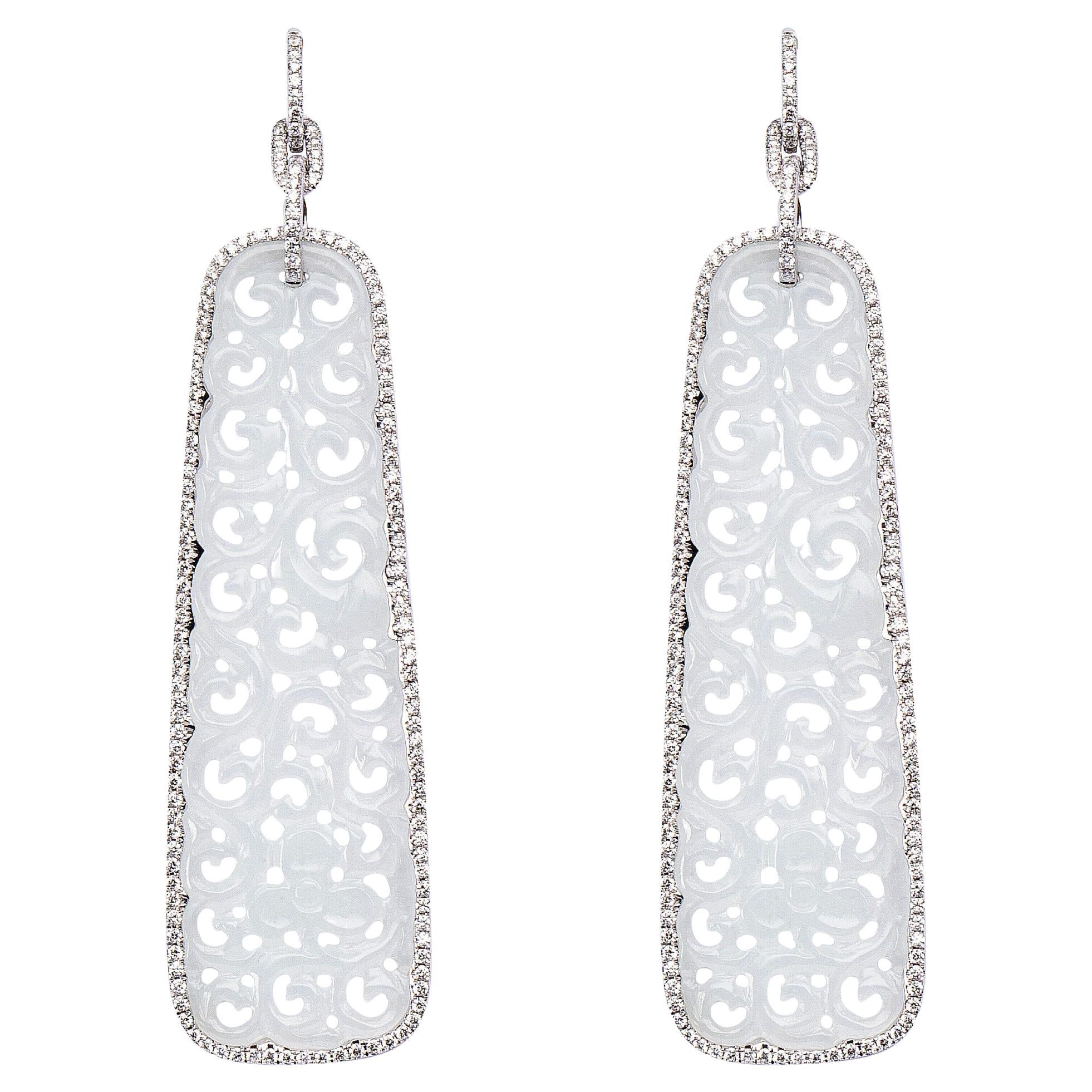 Alex Jona White Jadeite Jade White Diamond 18 Karat White Gold Dangle Earrings