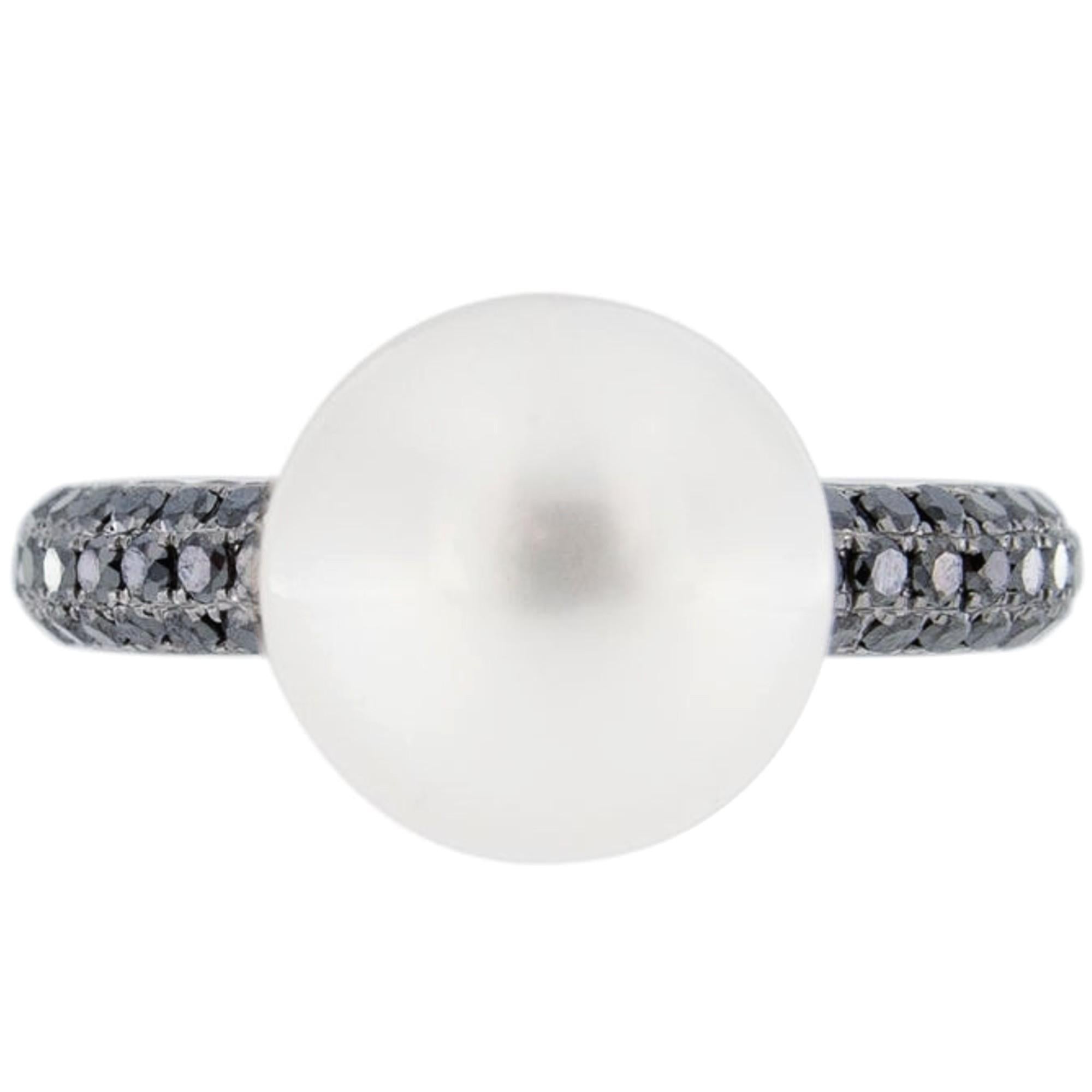 Round Cut Alex Jona White South Sea Pearl Dangling Charm 18 Karat White Gold Ring For Sale