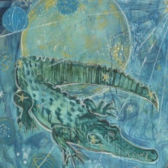 Large Celestial Painting Mixed Media on Canvas,  Blues, Greens, White, Yellow