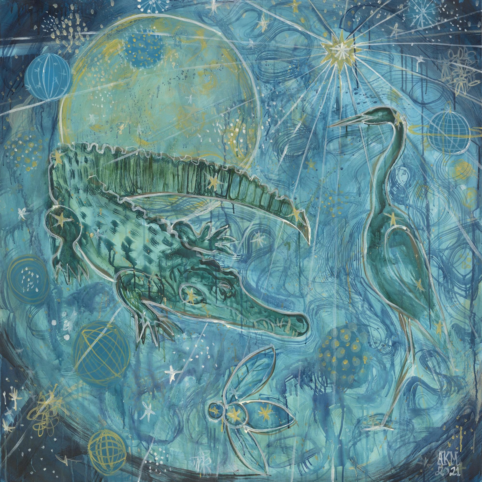 Animal Painting Alex K. Mason - Grande peinture céleste Mixed Media sur toile,  Bleus, verts, blancs, jaunes