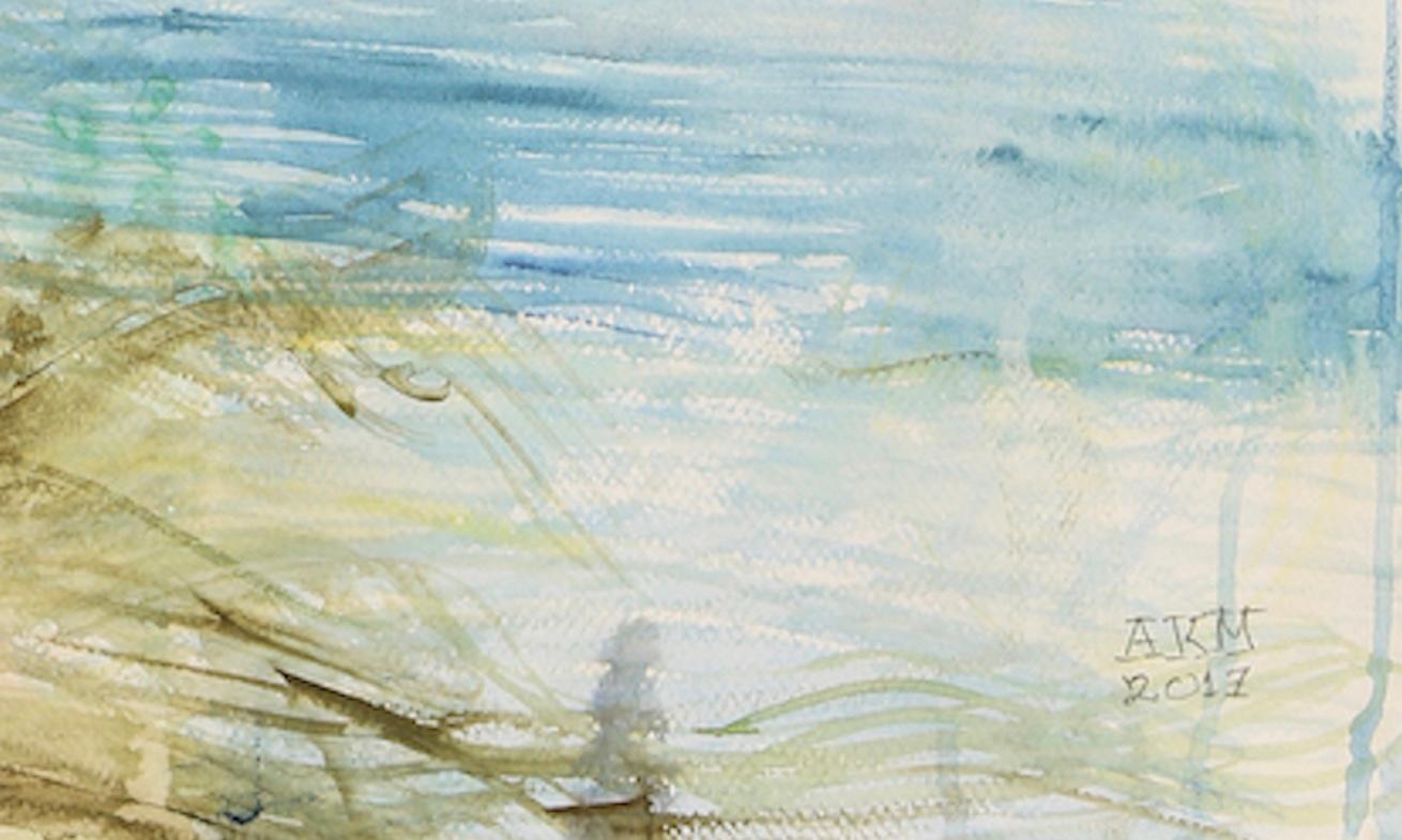 Landscape Painting with Heron, Ink Acrylic Gouache on paper, Blue, Orange, Green 2