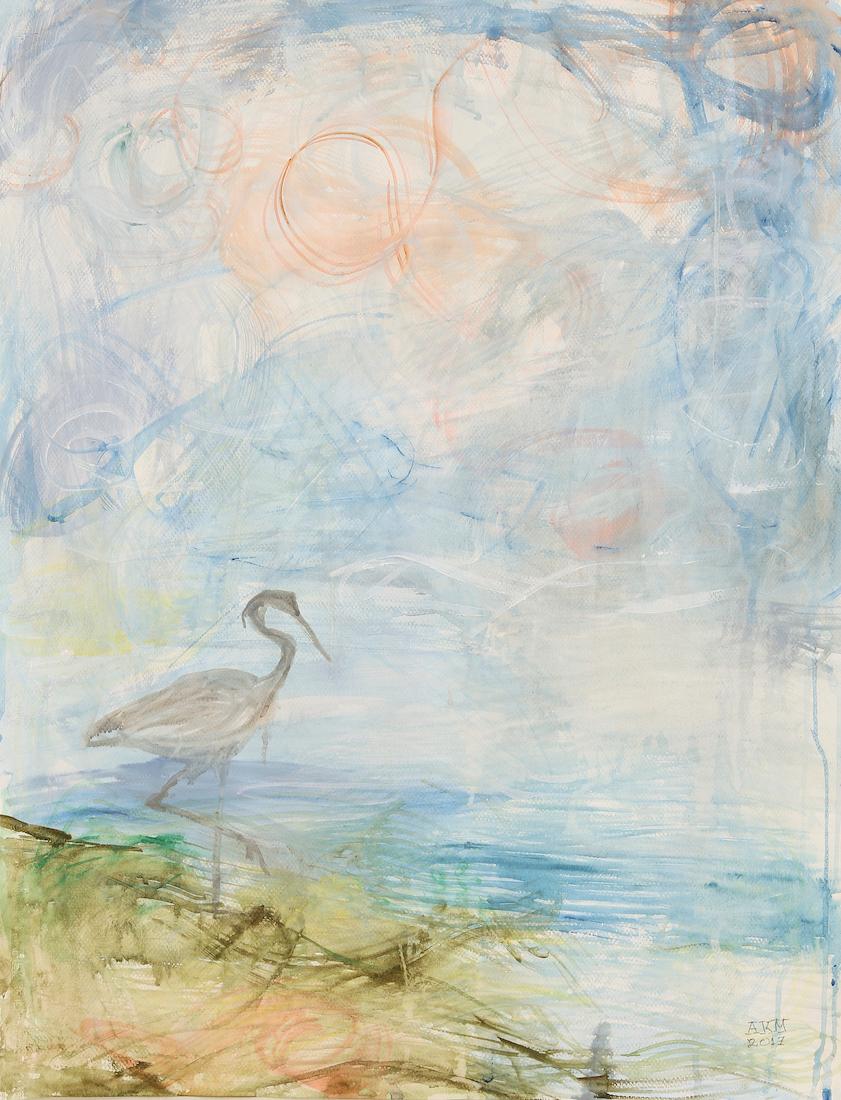 Alex K. Mason Animal Painting - Landscape Painting with Heron, Ink Acrylic Gouache on paper, Blue, Orange, Green