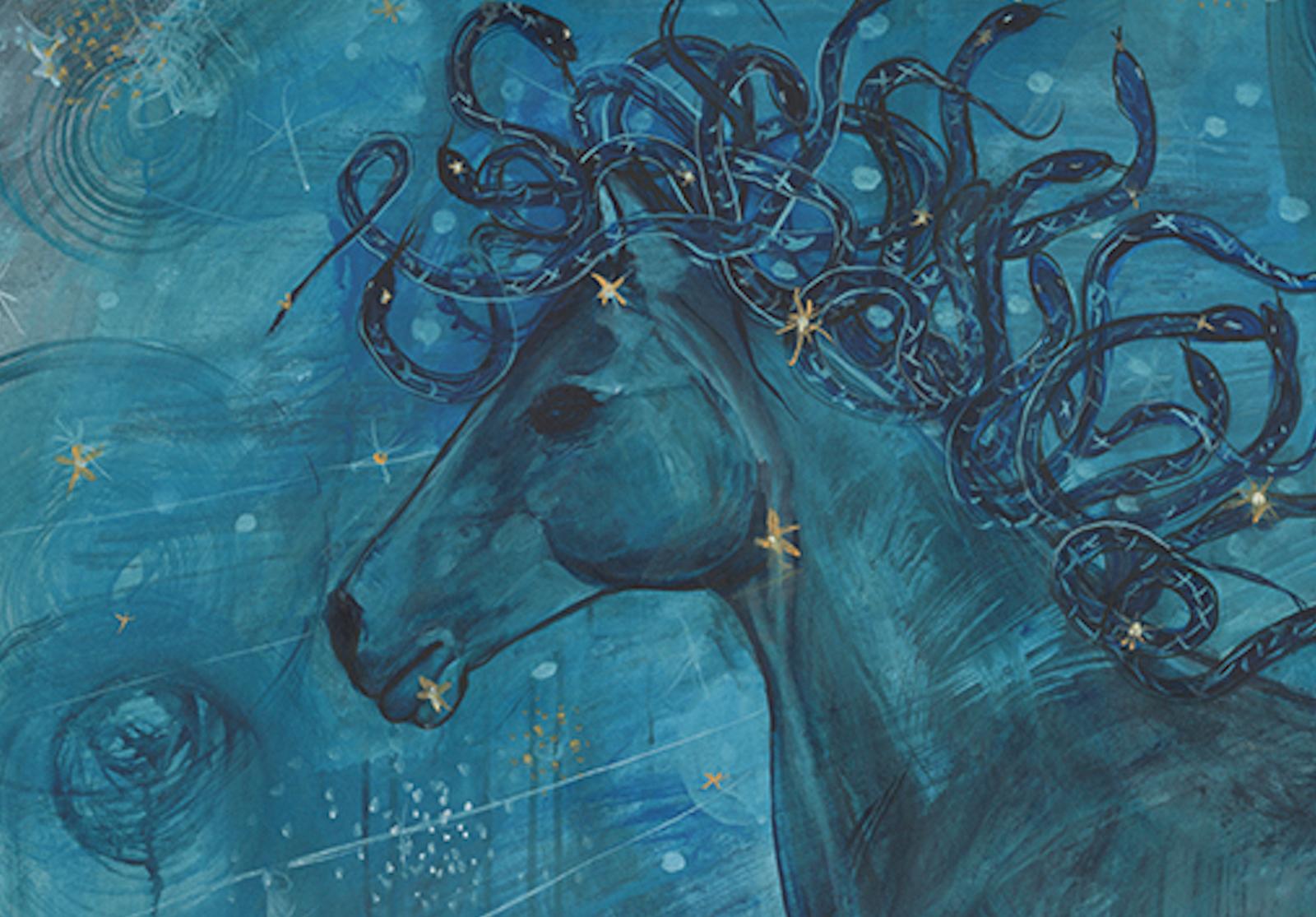 Großes mythisches Pferdegemälde im Celestial-Stil  Acryl Gouache-Tinte auf Leinwand Blau – Painting von Alex K. Mason