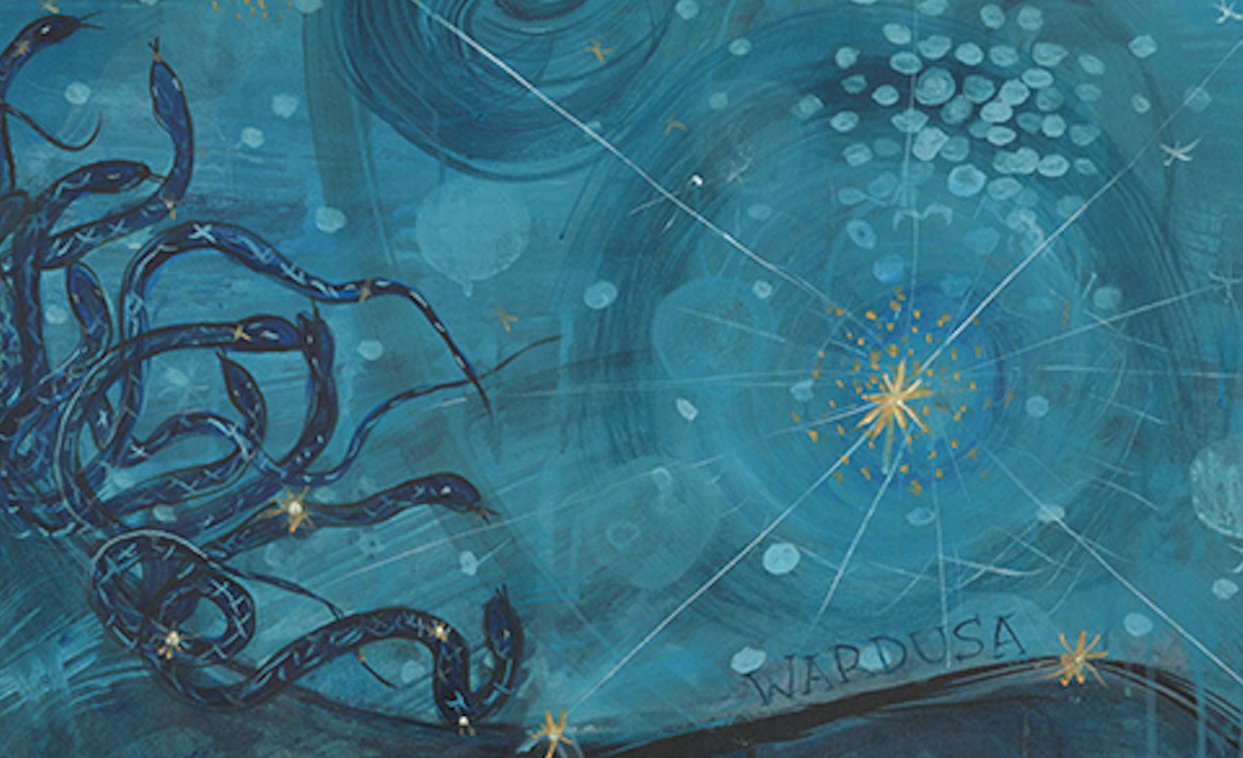Großes mythisches Pferdegemälde im Celestial-Stil  Acryl Gouache-Tinte auf Leinwand Blau (Abstrakter Expressionismus), Painting, von Alex K. Mason