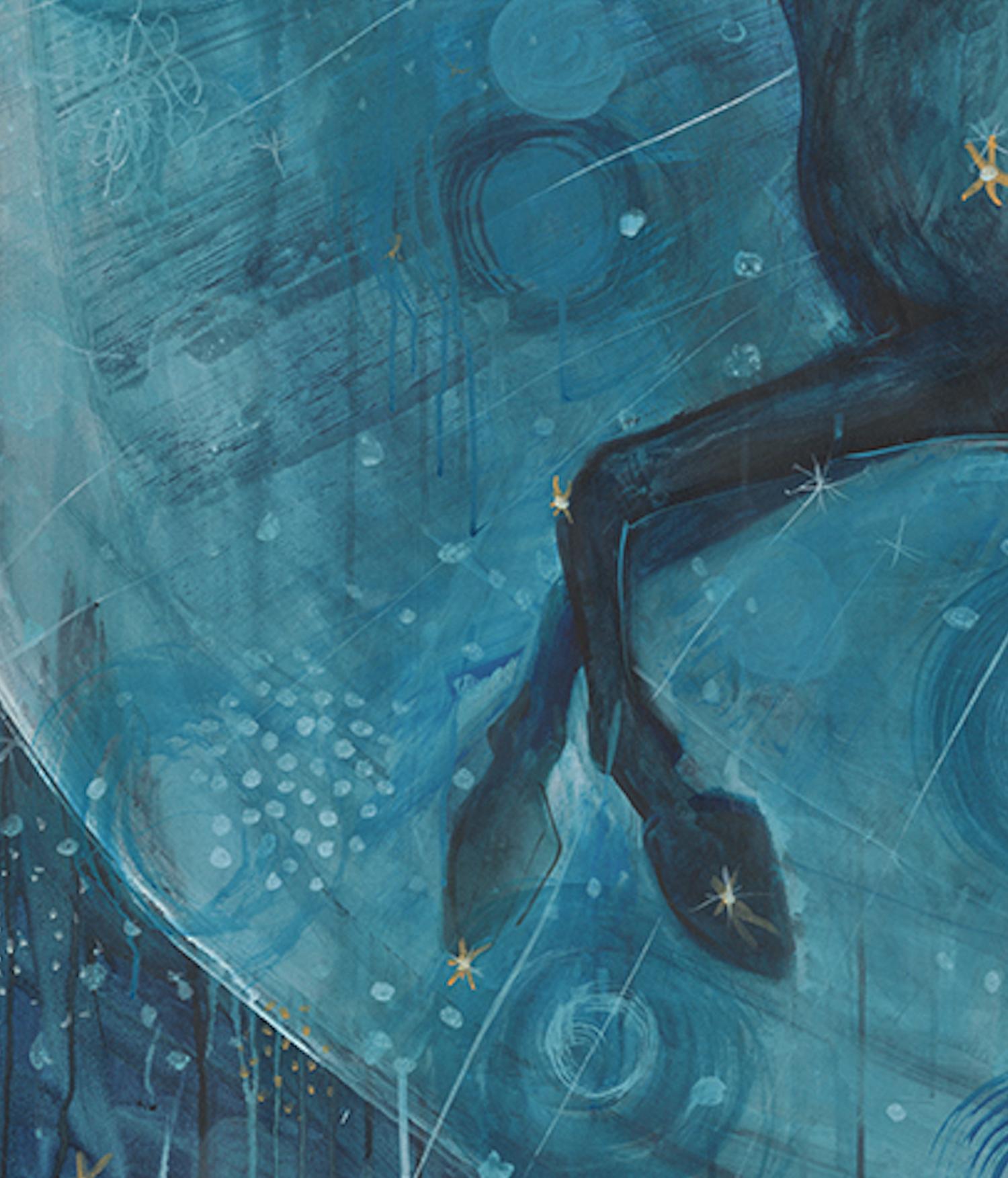 Großes mythisches Pferdegemälde im Celestial-Stil  Acryl Gouache-Tinte auf Leinwand Blau im Angebot 1