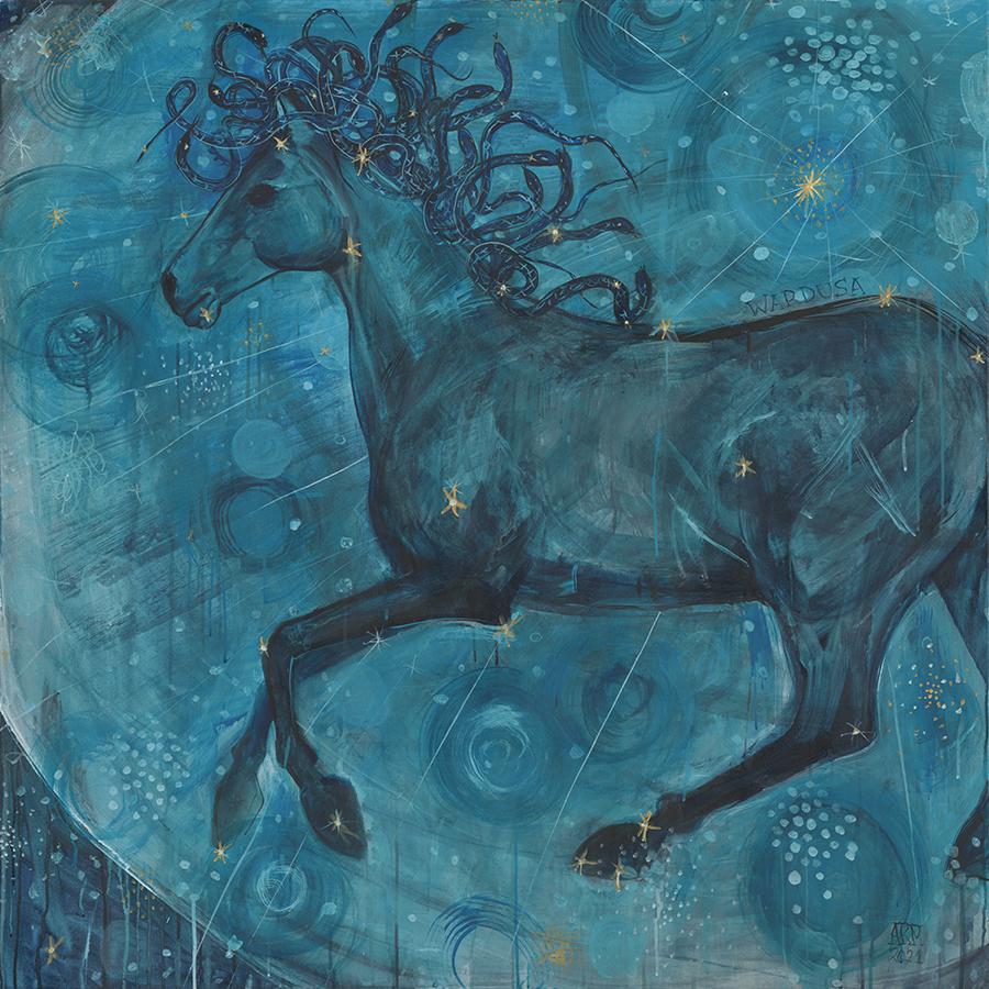 Large Celestial Mythical Horse Painting  Acrylic Gouache Ink on Canvas Blue