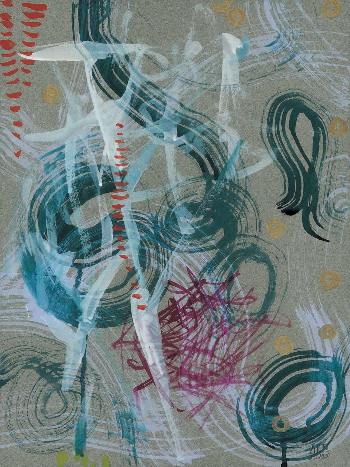 Abstract Contemporary Diptych, Ink, Acrylic, Gouache on Gray Paper, Teal, White - Painting by Alex K. Mason