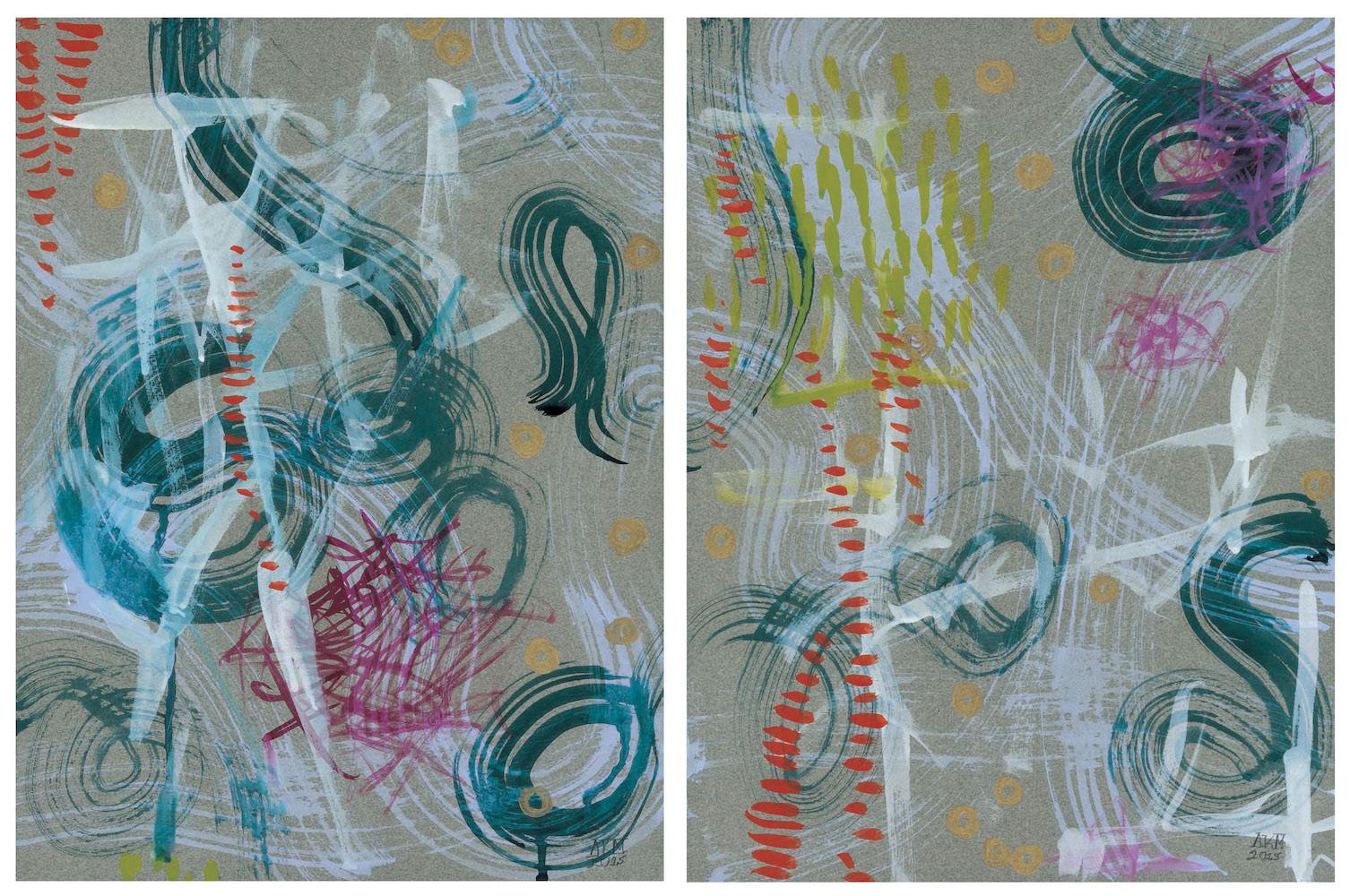 Alex K. Mason Abstract Painting - Abstract Contemporary Diptych, Ink, Acrylic, Gouache on Gray Paper, Teal, White