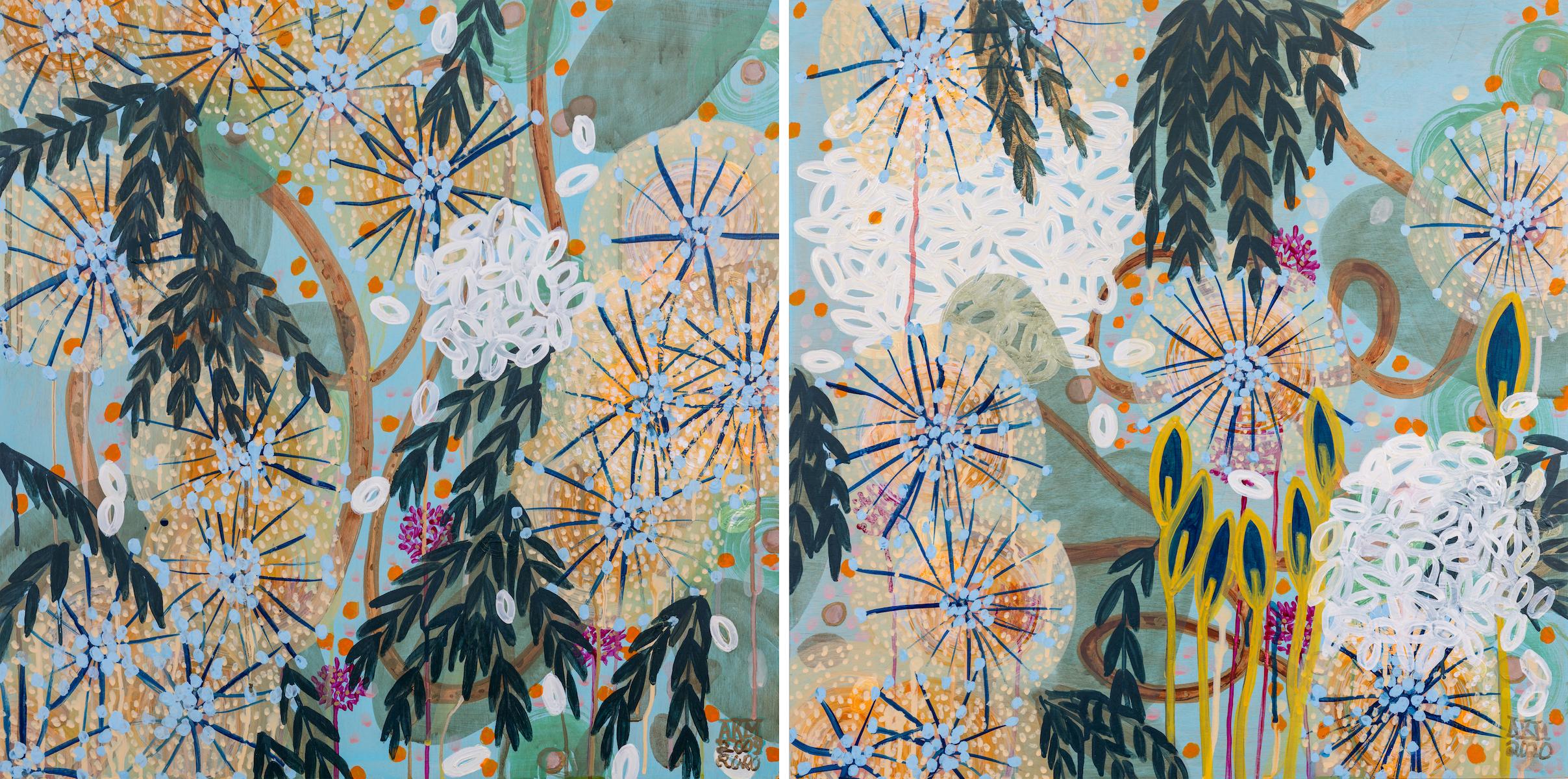 Alex K. Mason Landscape Painting - Abstract Nature Diptych Paintings Acrylic Ink Wood Panels. Blues, Greens, Yellow