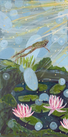 Triptyque de paysages abstraits « Let There Be Frogs » acrylique sur trois toiles