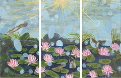 Abstract Landscape Triptych "Let There Be Frogs" acrylic on three canvases