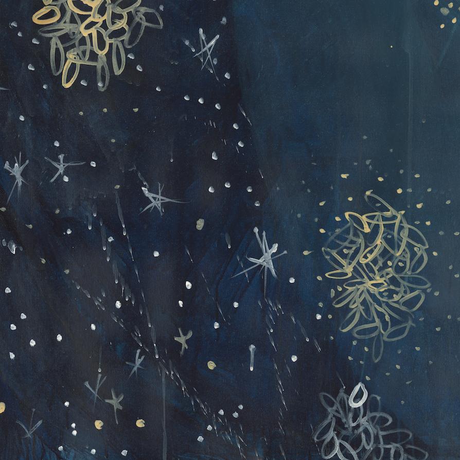 Abstraktes Celestial-Gemälde in Mischtechnik auf Leinwand Blau, Gold, Weiß (Zeitgenössisch), Painting, von Alex K. Mason