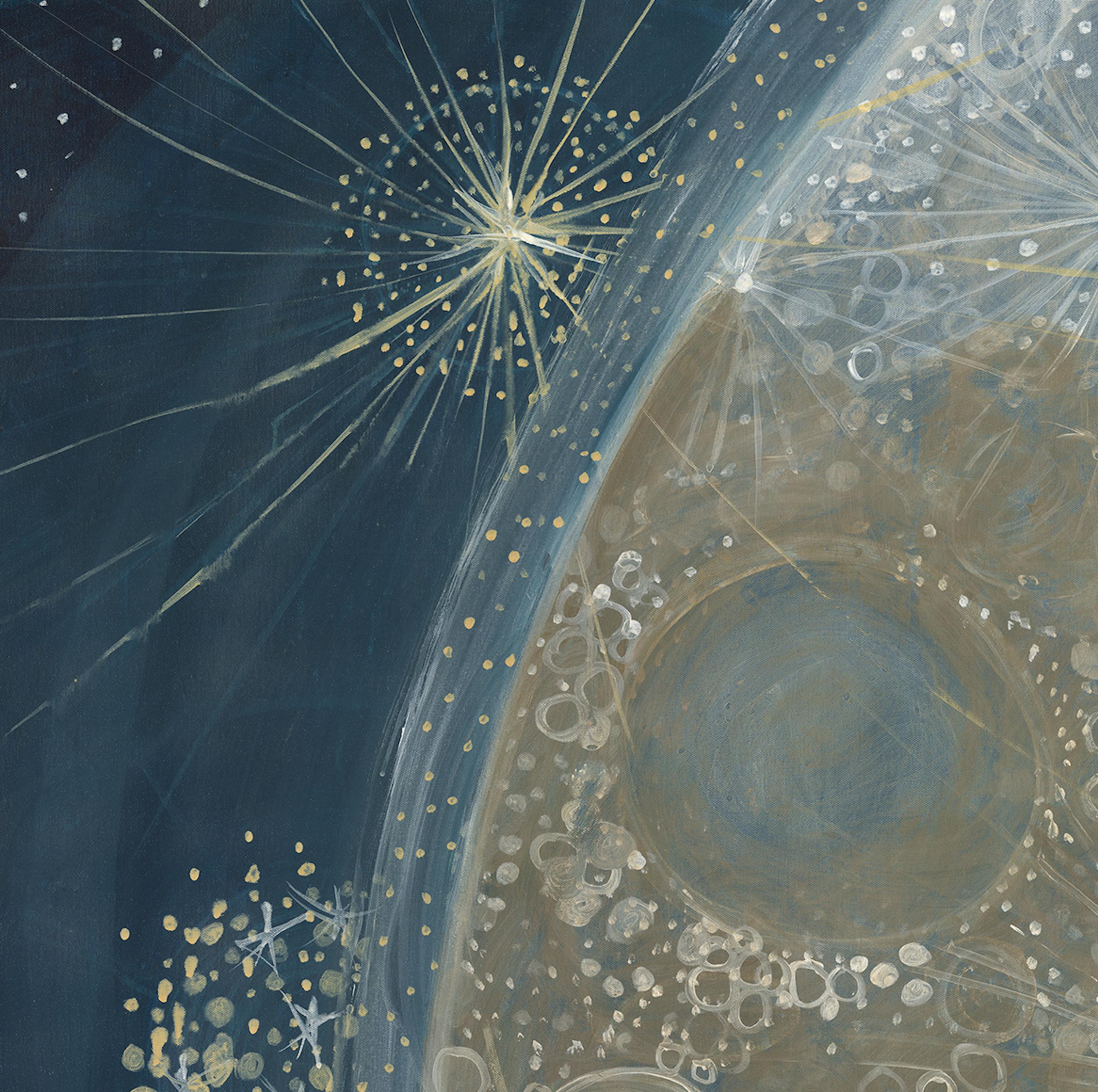 Abstraktes Celestial-Gemälde in Mischtechnik auf Leinwand Blau, Gold, Weiß im Angebot 1