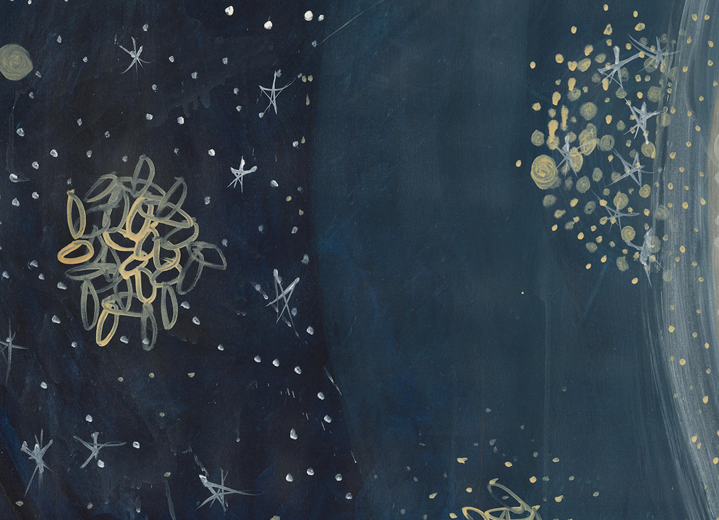 Abstraktes Celestial-Gemälde in Mischtechnik auf Leinwand Blau, Gold, Weiß im Angebot 2
