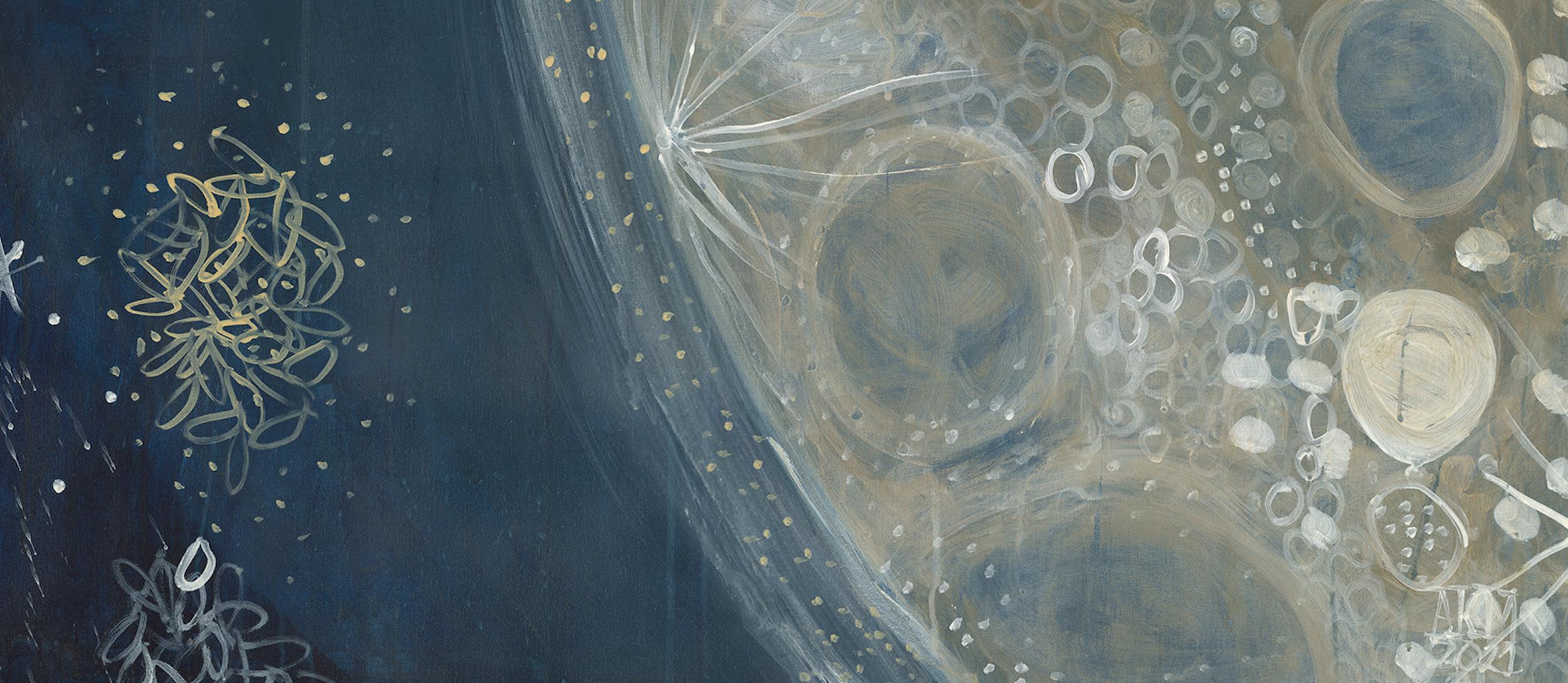Abstraktes Celestial-Gemälde in Mischtechnik auf Leinwand Blau, Gold, Weiß im Angebot 3