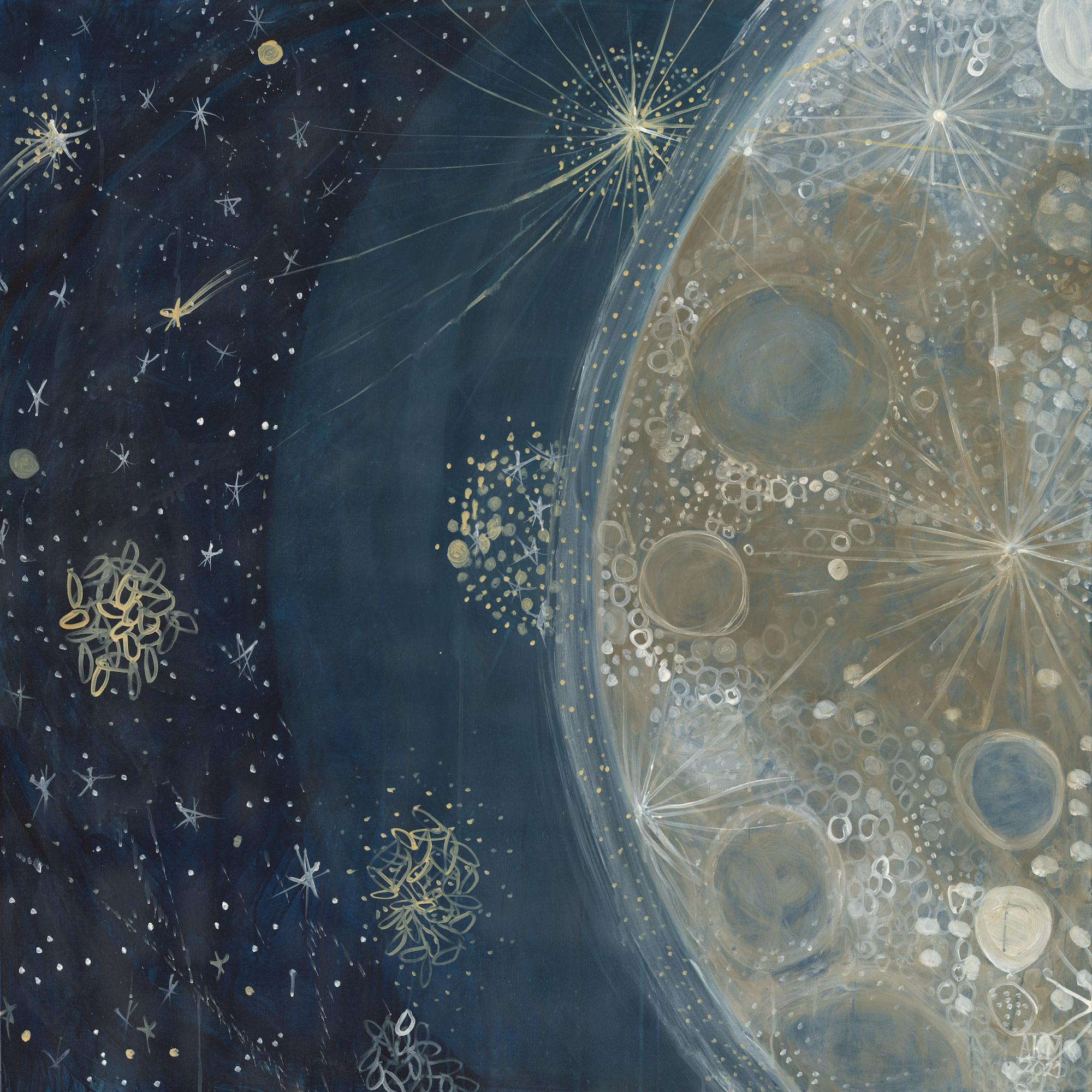 Abstraktes Celestial-Gemälde in Mischtechnik auf Leinwand Blau, Gold, Weiß