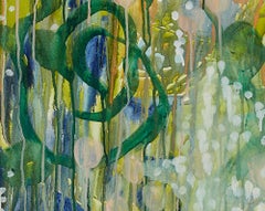 Peinture abstraite de nature sur toile, encadrée. Acrylique, Encre. Verts, bleus, pêche