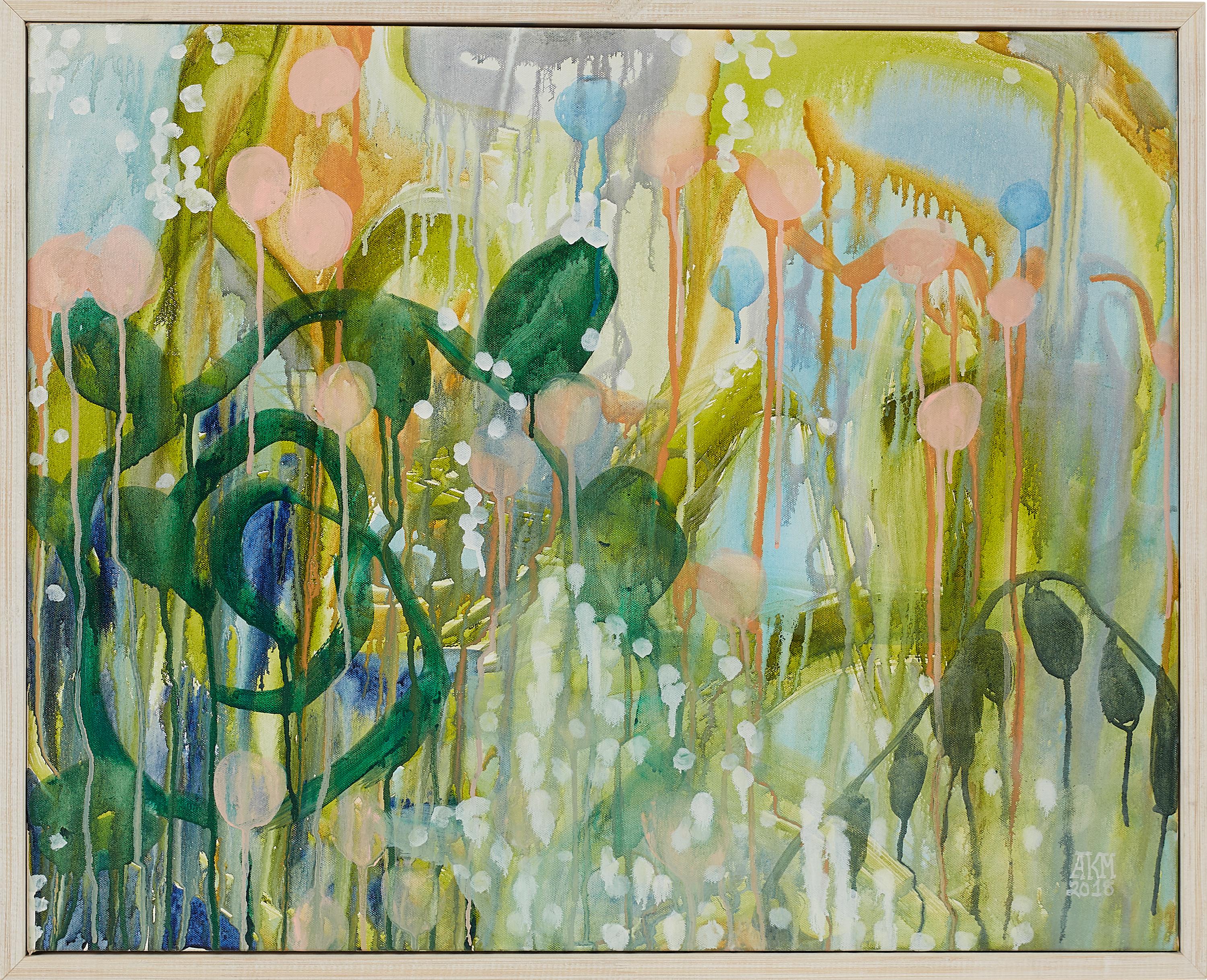 Alex K. Mason Landscape Painting - Abstract Nature Painting on Canvas, Framed. Acrylic, Ink. Greens, Blues, Peach