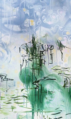 Large Framed Abstract Seascape Painting on Canvas. Acrylic Greens, Blues Pink