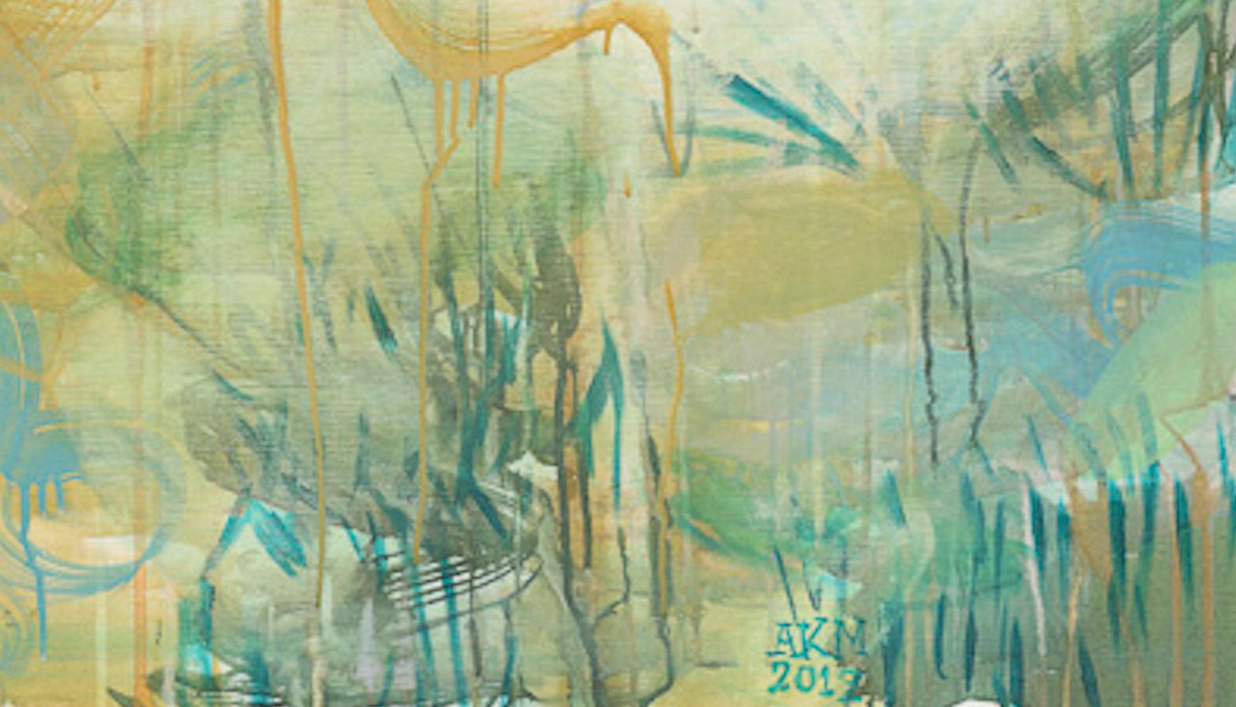 Large Abstract Nature Painting on Canvas, Mixed Media Green, Pink, Blue, Gold - Gray Landscape Painting by Alex K. Mason