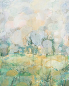  Large Abstract Nature Painting on Canvas, Mixed Media Green, Pink, Blue, Gold