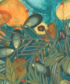 Abstract Nature Painting on mylar in White Shadowbox Frame Green, Orange, Yellow