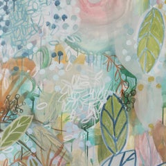 Grande dipinto astratto di natura in tecnica mista su tela. Verde, blu, rosa, rosso