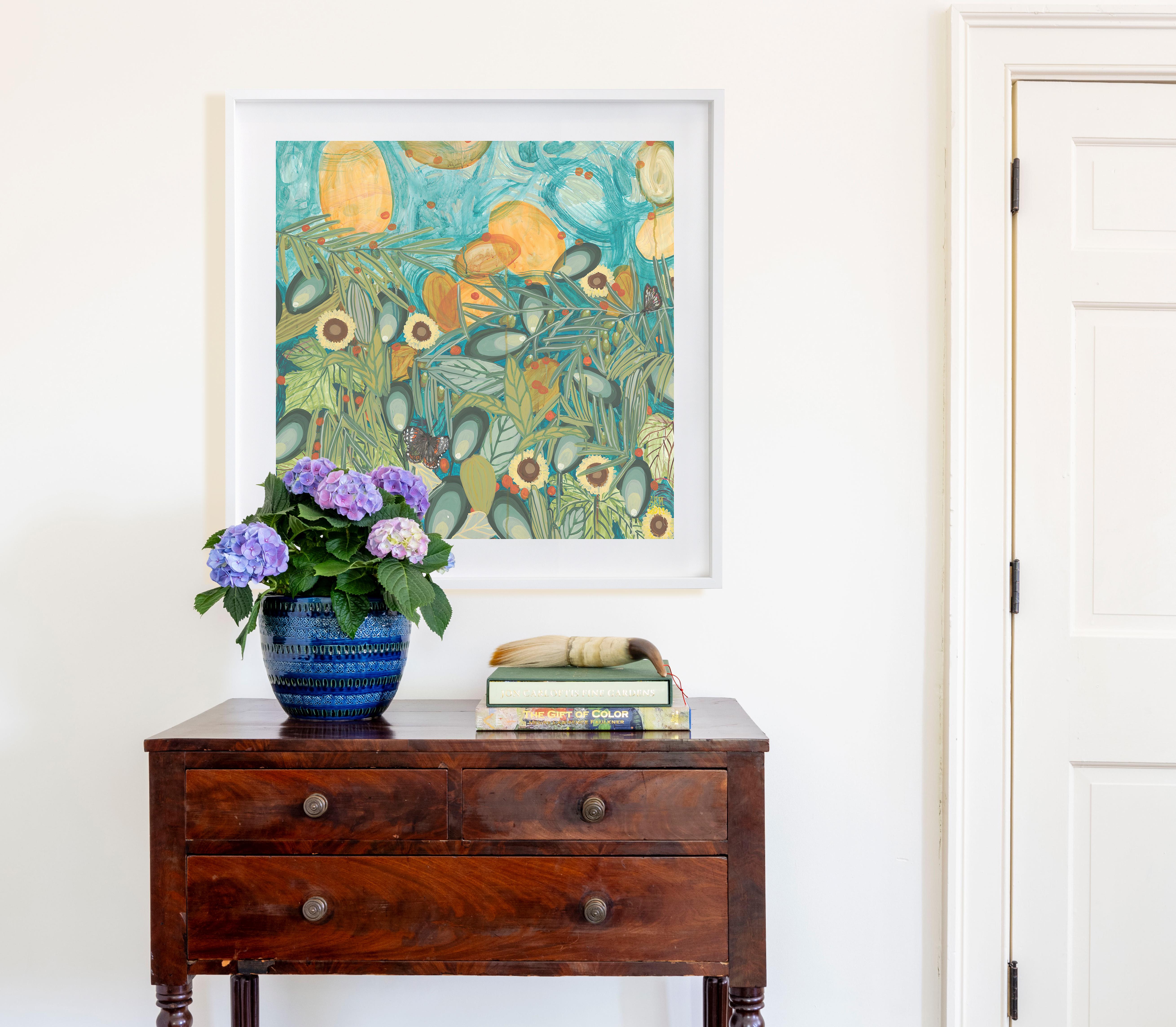 Abstract Nature Painting on mylar in White Shadowbox Frame Green, Orange, Yellow For Sale 1