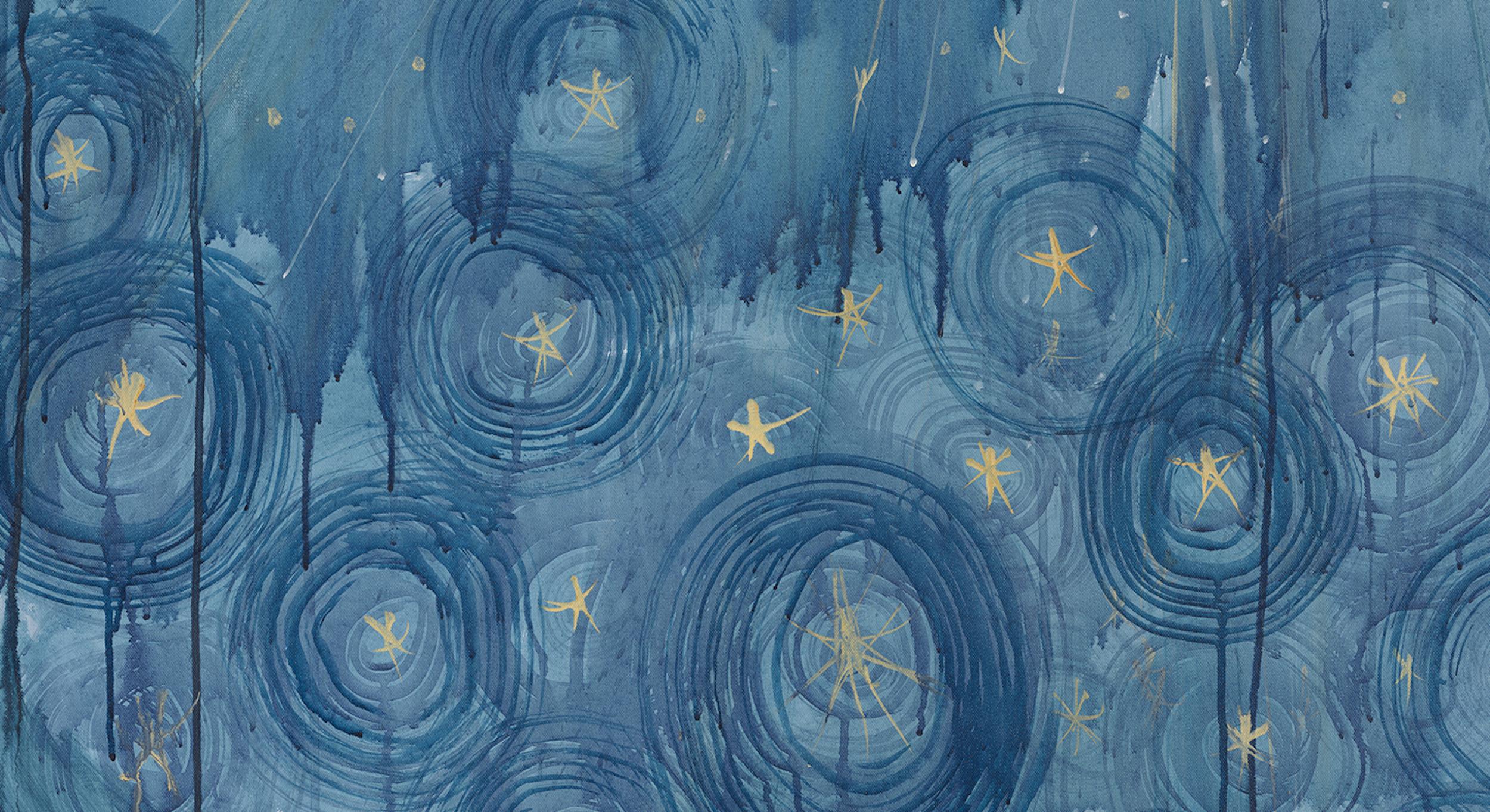  Abstraktes Celestial-Gemälde in Mischtechnik auf Leinwand, Blau, Gold, Weiß im Angebot 1