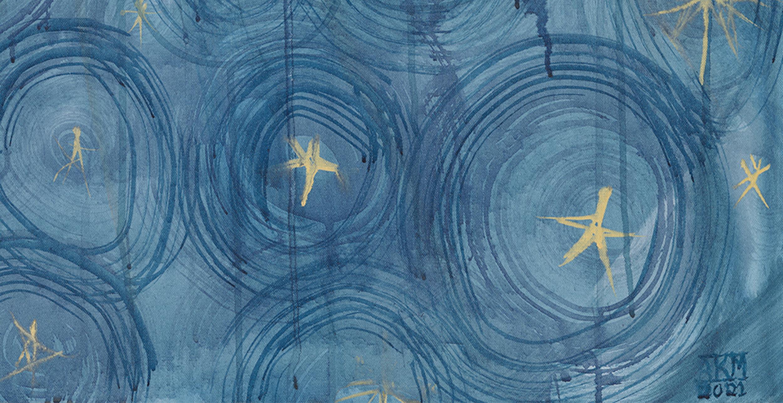  Abstraktes Celestial-Gemälde in Mischtechnik auf Leinwand, Blau, Gold, Weiß im Angebot 2