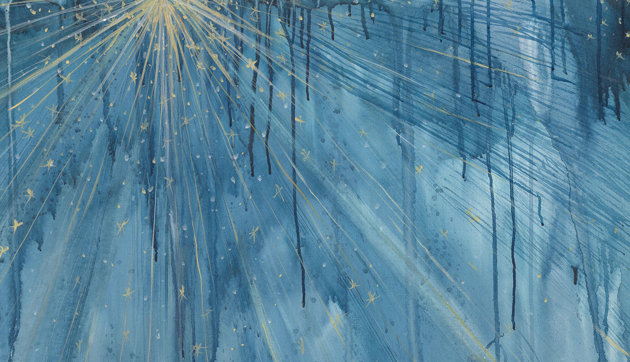  Abstraktes Celestial-Gemälde in Mischtechnik auf Leinwand, Blau, Gold, Weiß im Angebot 3