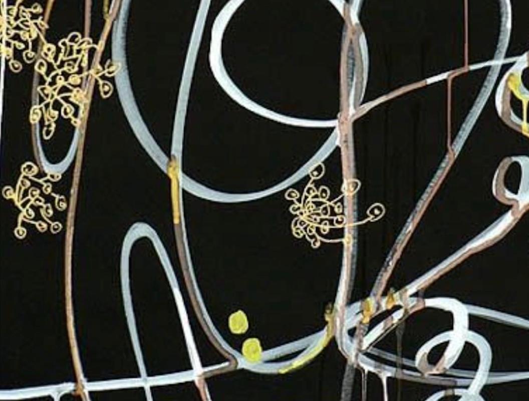 Abstract Painting Ink, Acrylic, Gouache on Black Paper, White, Gold, Yellow 1