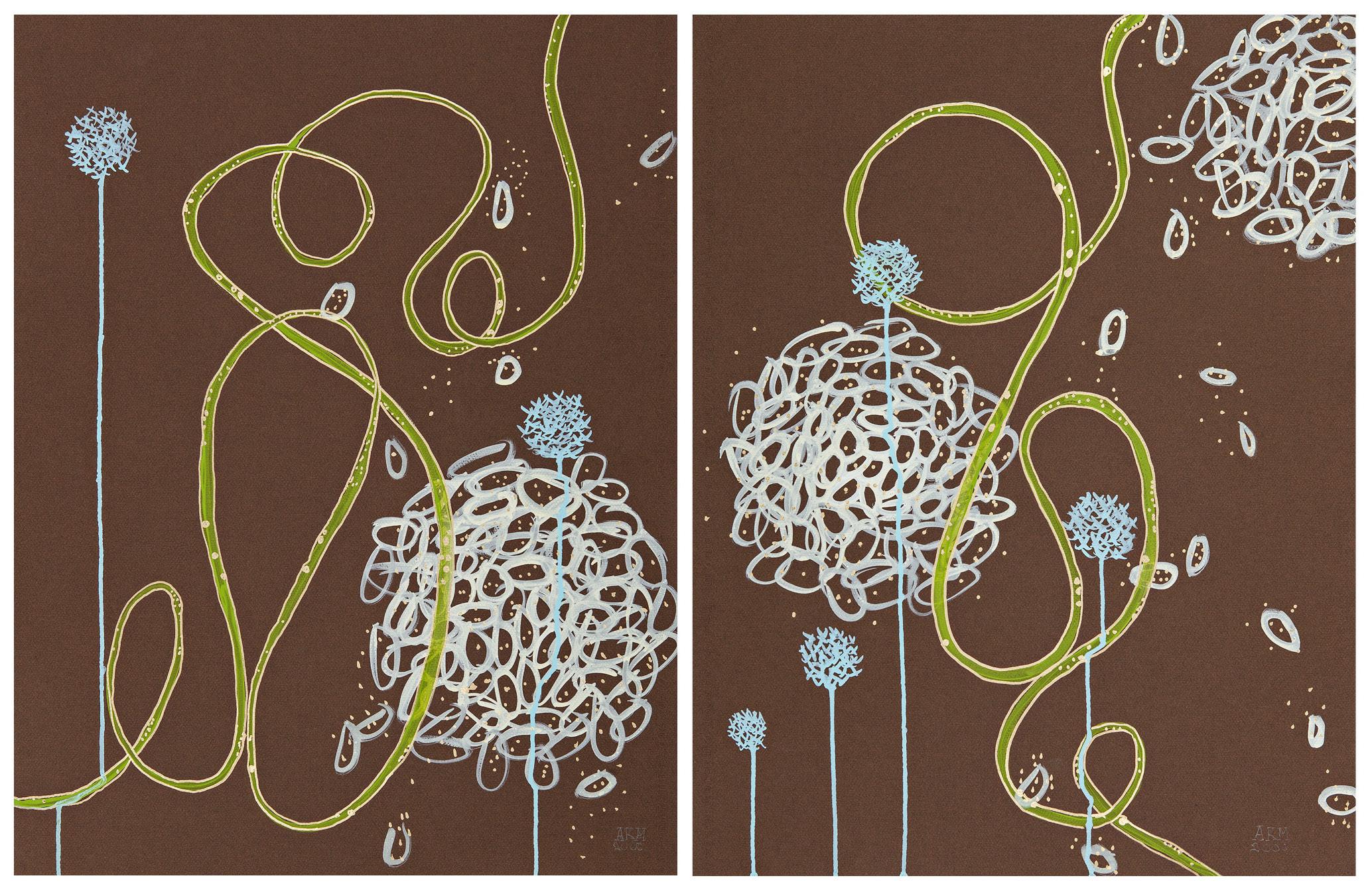 Abstract Painting  by Alex K. Mason, Ink, Acrylic and Gouache on Paper. "Brown Paper With Green Gold Ribbon Diptych" unframed 25.5"H x 19.5"W each. Brown, Blue, Green, Gold, 2006.
It is the expression of making marks for canvas or paper, which