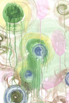 Grande peinture abstraite sur Mylar, encre et gouache acrylique. Rose, vert, marron, bleu