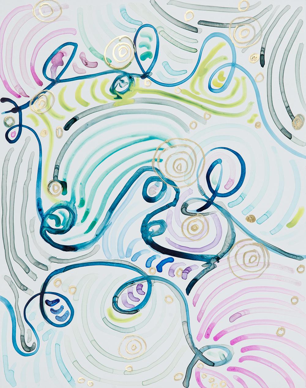 Abstract Painting Ink Gouache Acrylic on Yupo Blues, Pink, Yellow, Gray, Green